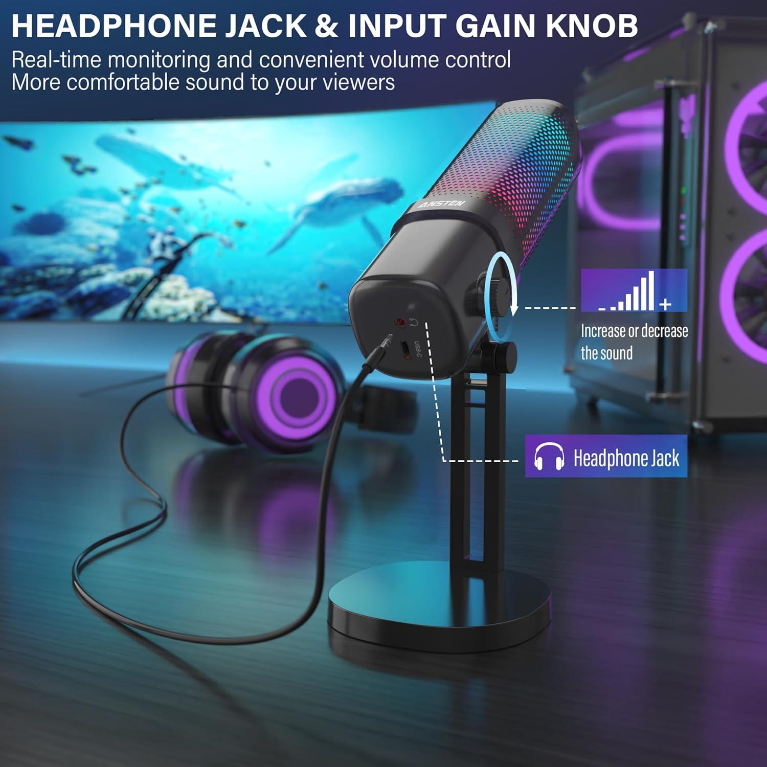 Micrófono Gaming ANSTEN USB Condensador RGB con Silencio