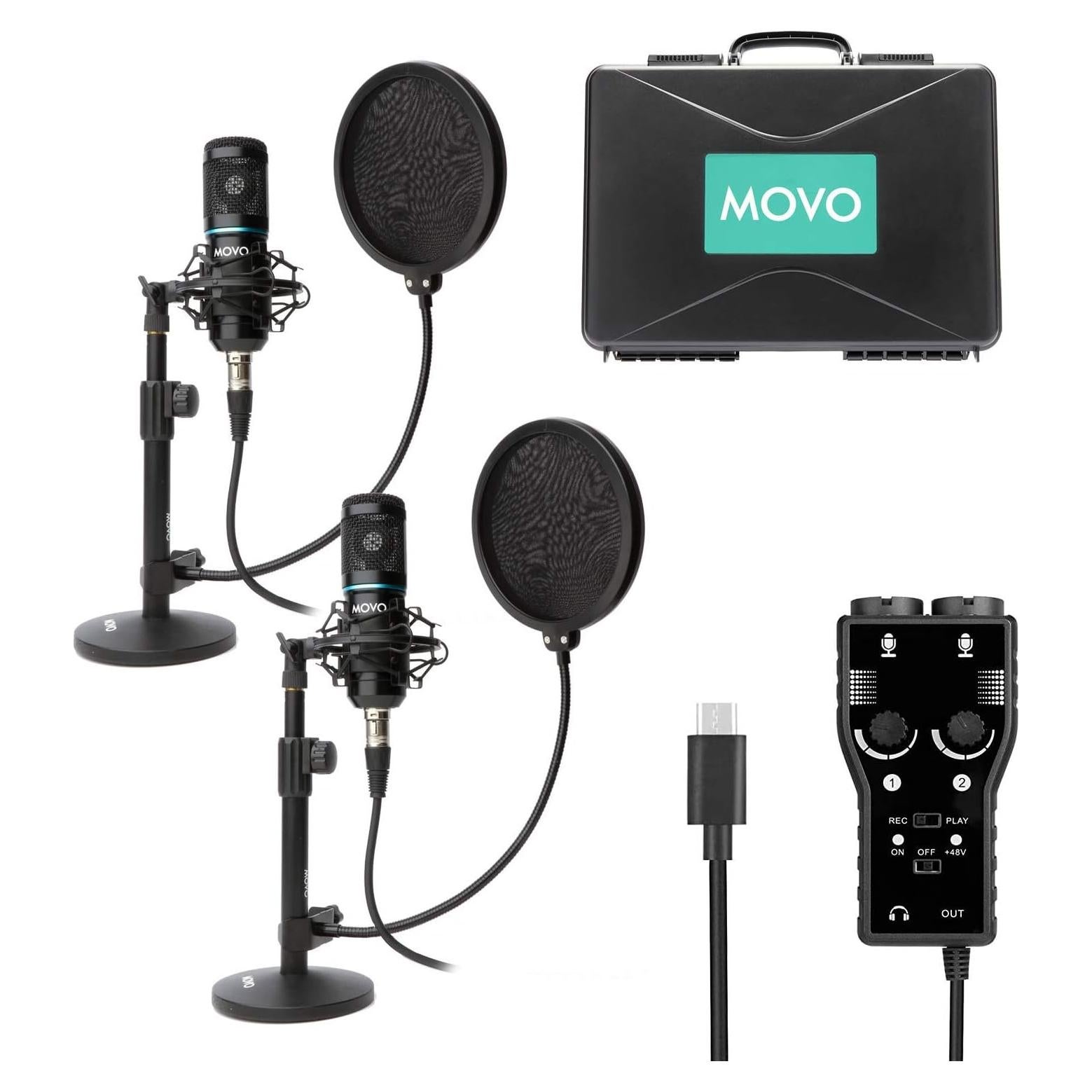 Kit de Grabación de Podcast Movo - 2 Micrófonos Condensadores, Soportes y Filtros