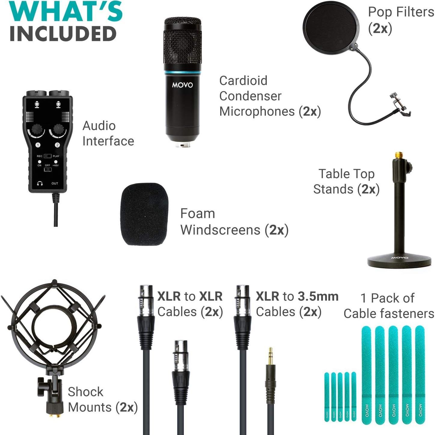 Kit de Grabación de Podcast Movo - 2 Micrófonos Condensadores, Soportes y Filtros