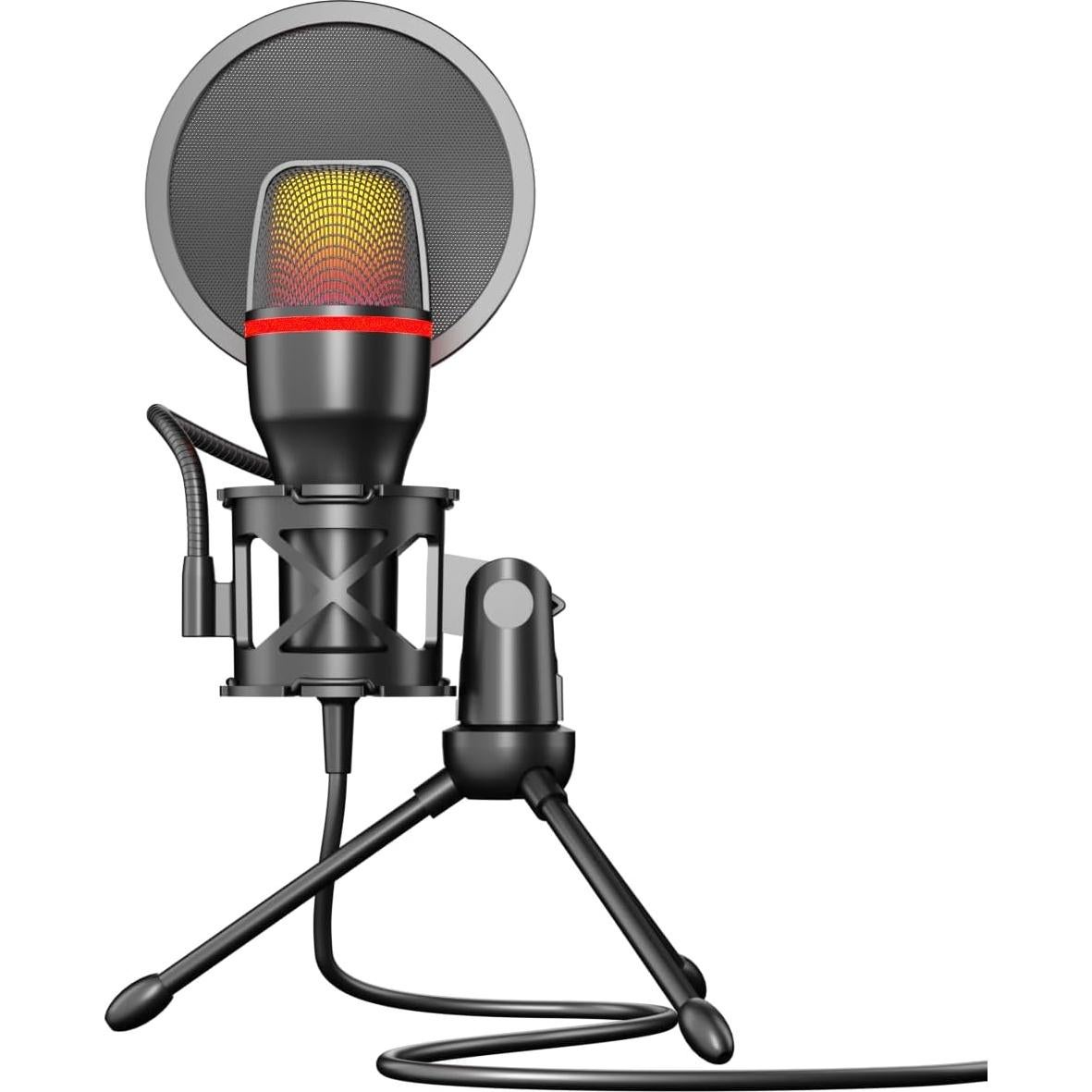 USB Condenser Microphone with RGB Lighting, Pop Filter, and Shockproof Base – Ideal for Streaming, Recording, and Gaming