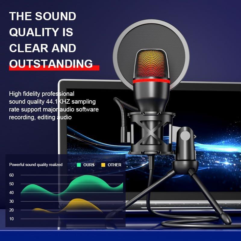 USB Condenser Microphone with RGB Lighting, Pop Filter, and Shockproof Base – Ideal for Streaming, Recording, and Gaming