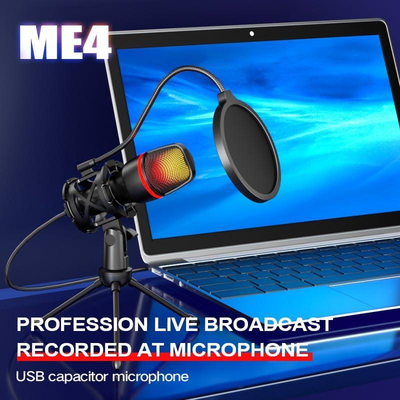 USB Condenser Microphone with RGB Lighting, Pop Filter, and Shockproof Base – Ideal for Streaming, Recording, and Gaming