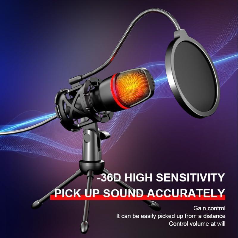 USB Condenser Microphone with RGB Lighting, Pop Filter, and Shockproof Base – Ideal for Streaming, Recording, and Gaming