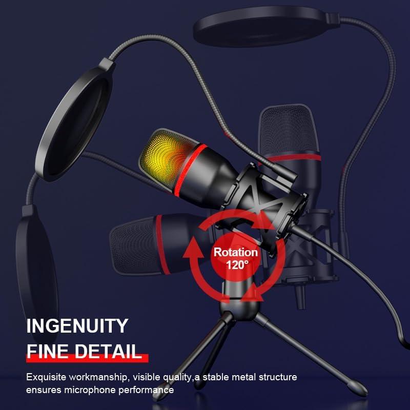 USB Condenser Microphone with RGB Lighting, Pop Filter, and Shockproof Base – Ideal for Streaming, Recording, and Gaming