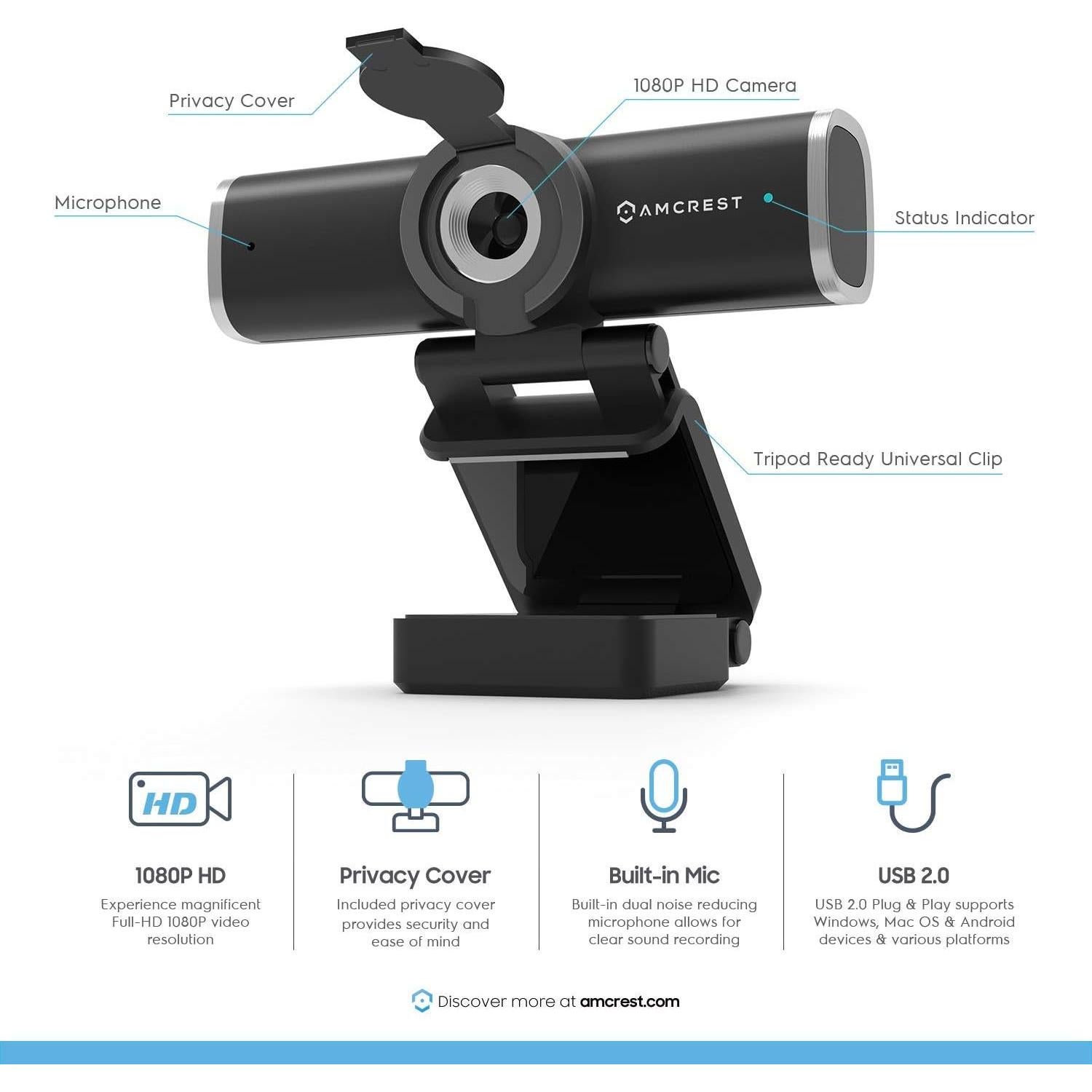 Cámara Web Amcrest 1080P USB con Micrófono y Soporte