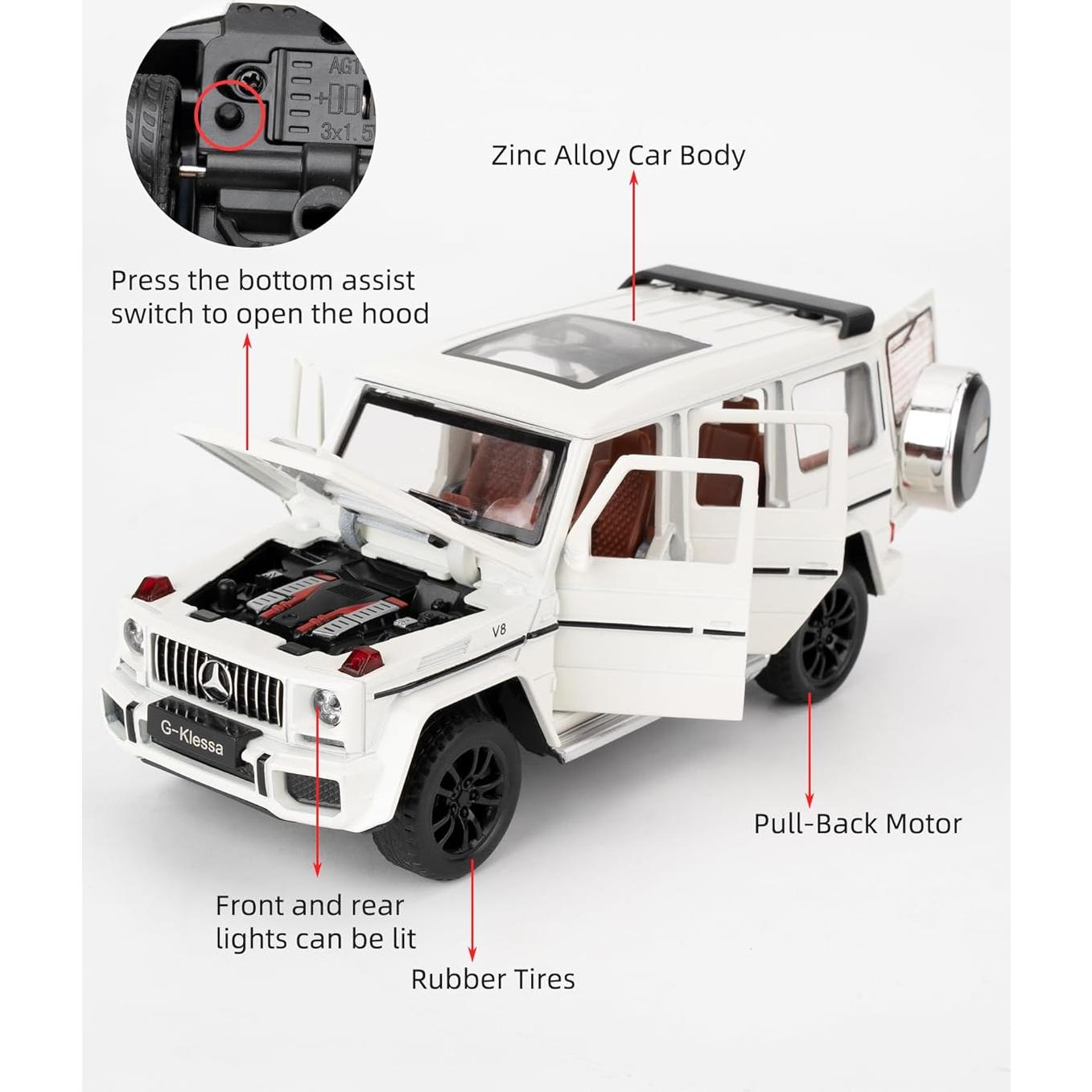 Coche a Escala 1:32 Benz G63 AMG Diecast Blanco con Luz y Sonido