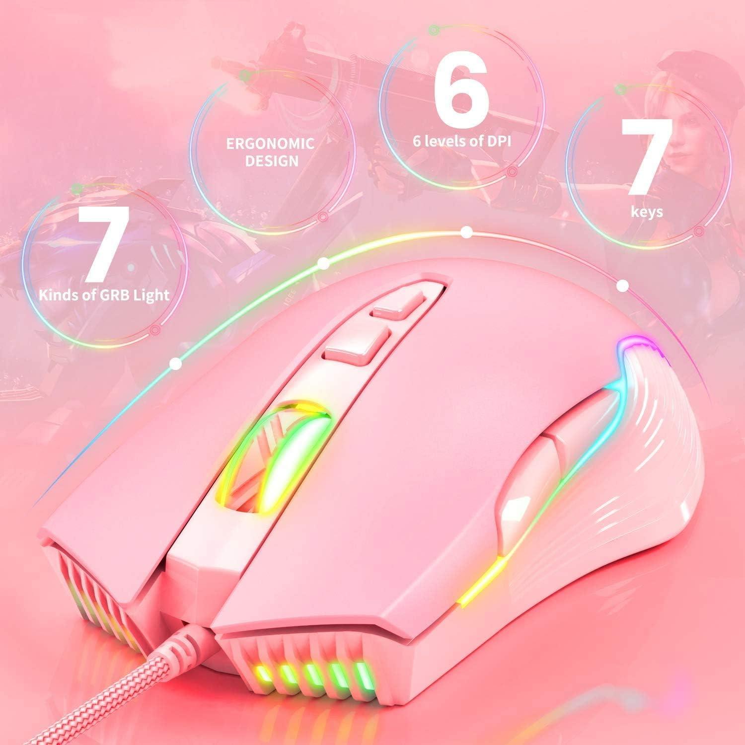 RGB Gaming Mouse Wired, USB Optical Computer Mice with RGB Backlit, 6 Adjustable DPI Up to 6400, Ergonomic Gamer Laptop PC Mouse with 7 Programmable Buttons for Windows Vista Linux (Pink)