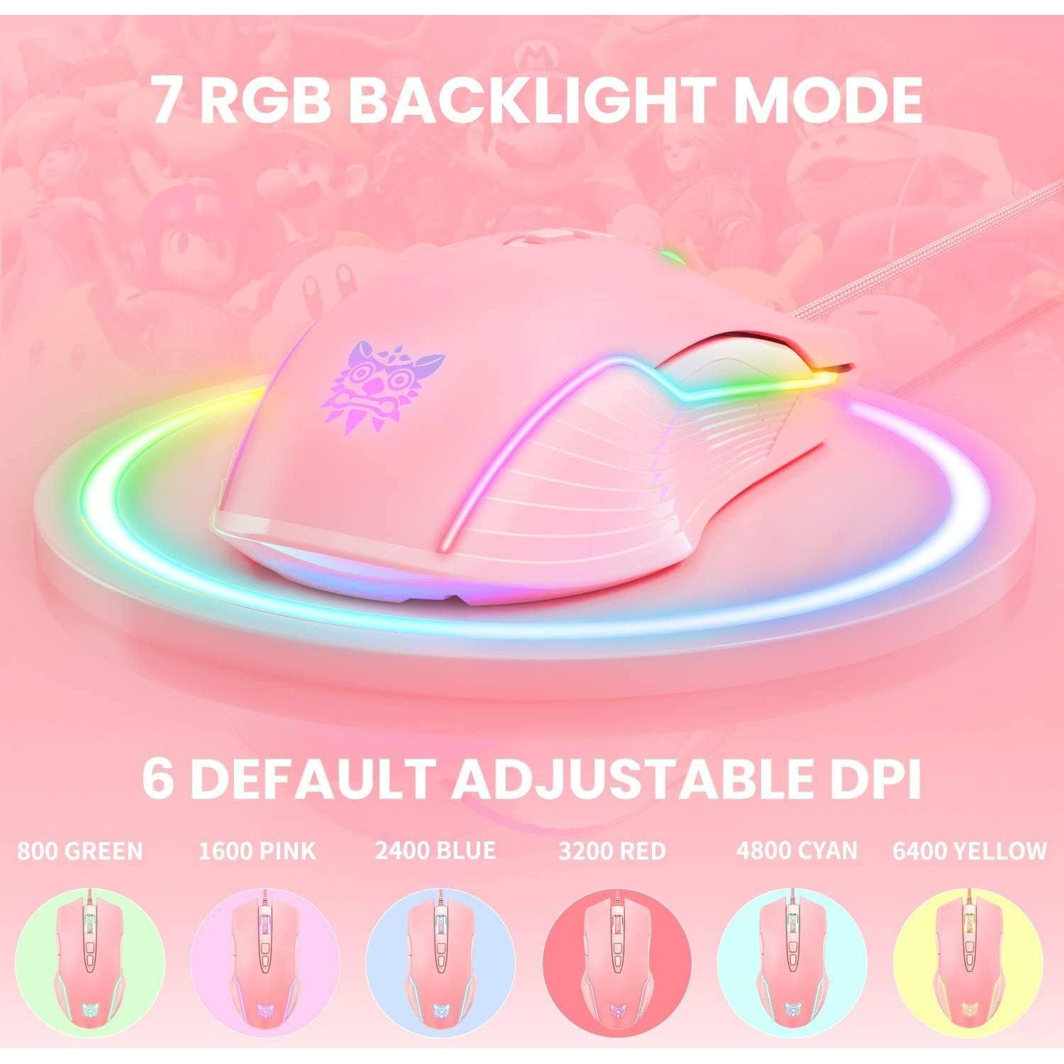 RGB Gaming Mouse Wired, USB Optical Computer Mice with RGB Backlit, 6 Adjustable DPI Up to 6400, Ergonomic Gamer Laptop PC Mouse with 7 Programmable Buttons for Windows Vista Linux (Pink)