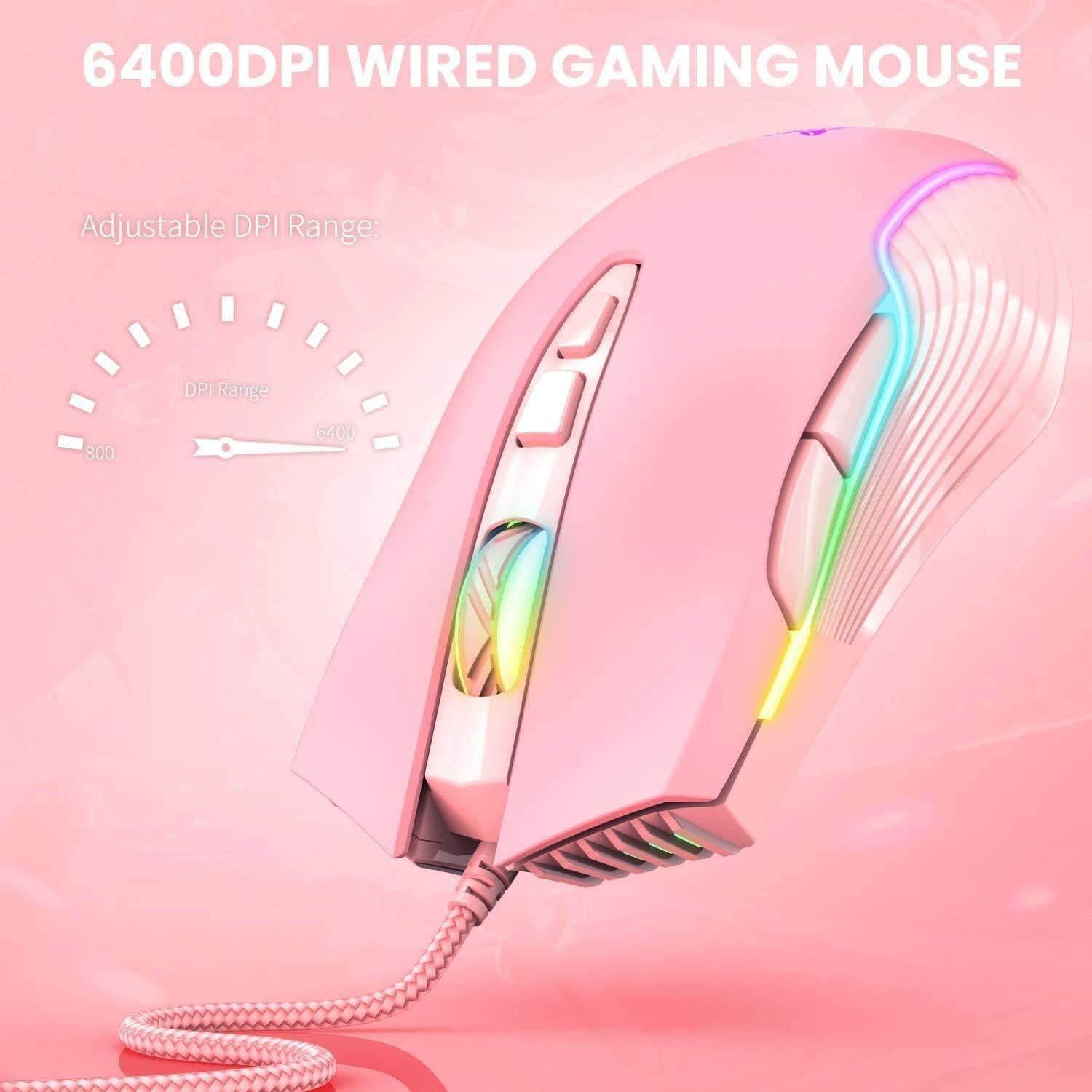 RGB Gaming Mouse Wired, USB Optical Computer Mice with RGB Backlit, 6 Adjustable DPI Up to 6400, Ergonomic Gamer Laptop PC Mouse with 7 Programmable Buttons for Windows Vista Linux (Pink)
