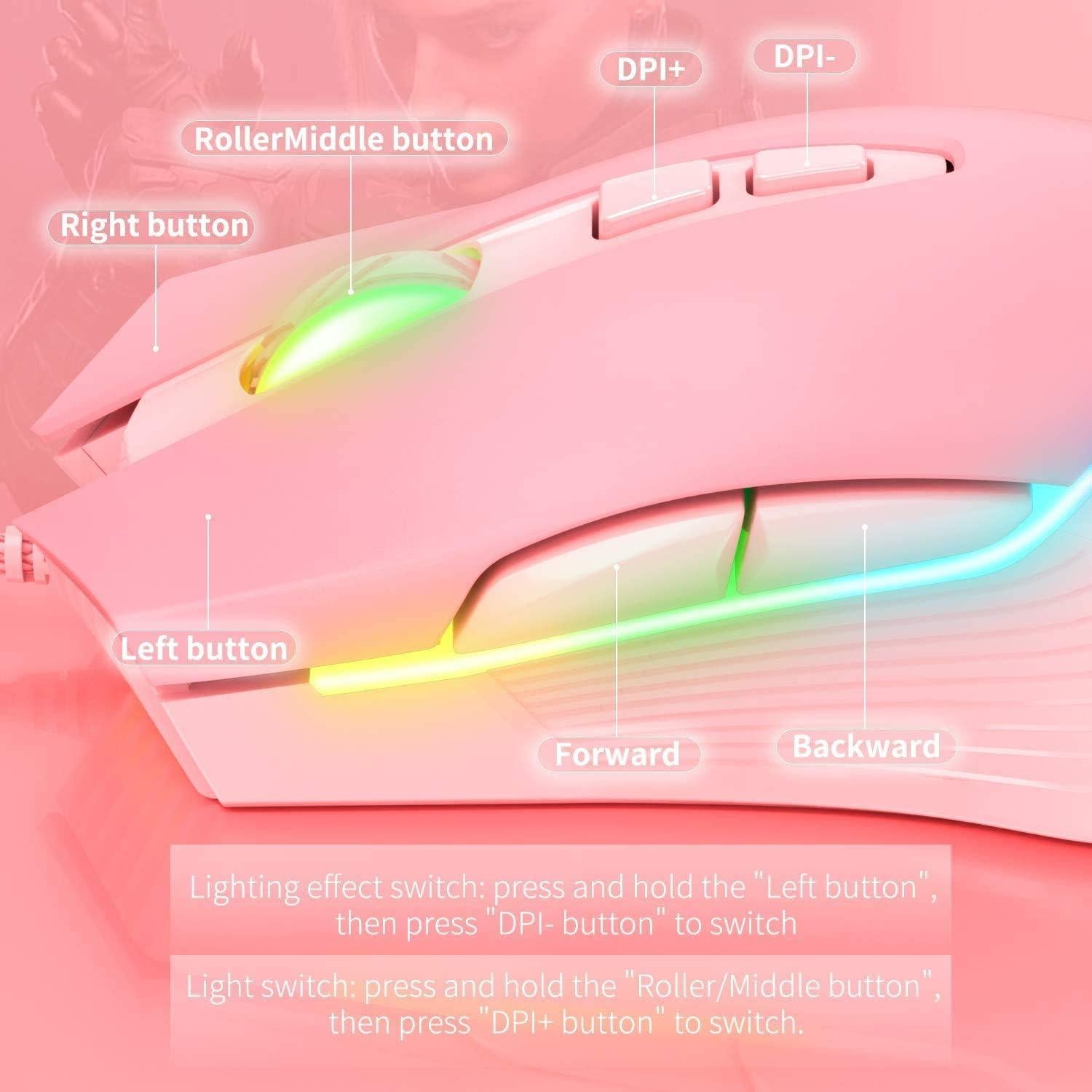 RGB Gaming Mouse Wired, USB Optical Computer Mice with RGB Backlit, 6 Adjustable DPI Up to 6400, Ergonomic Gamer Laptop PC Mouse with 7 Programmable Buttons for Windows Vista Linux (Pink)
