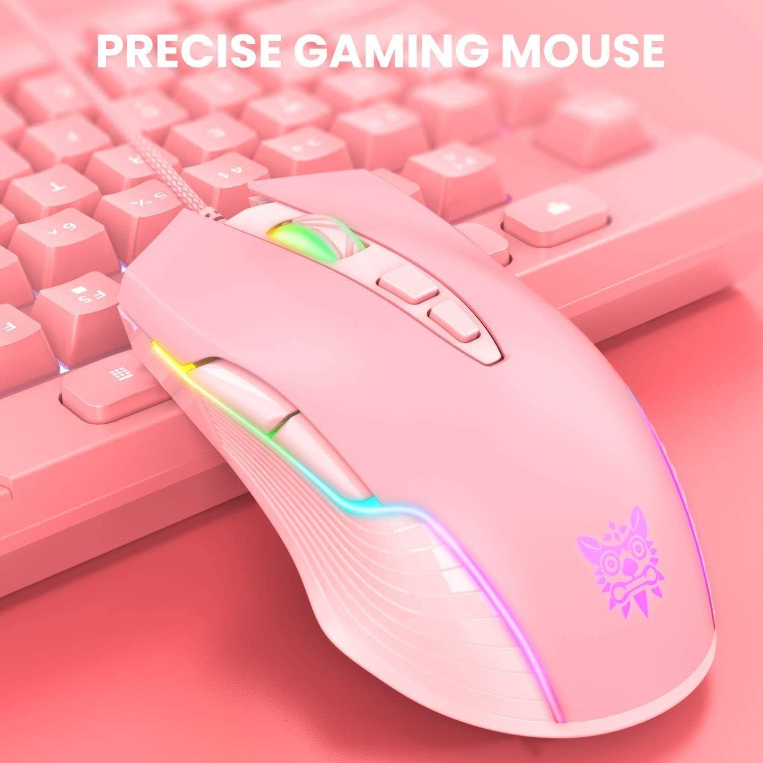 RGB Gaming Mouse Wired, USB Optical Computer Mice with RGB Backlit, 6 Adjustable DPI Up to 6400, Ergonomic Gamer Laptop PC Mouse with 7 Programmable Buttons for Windows Vista Linux (Pink)