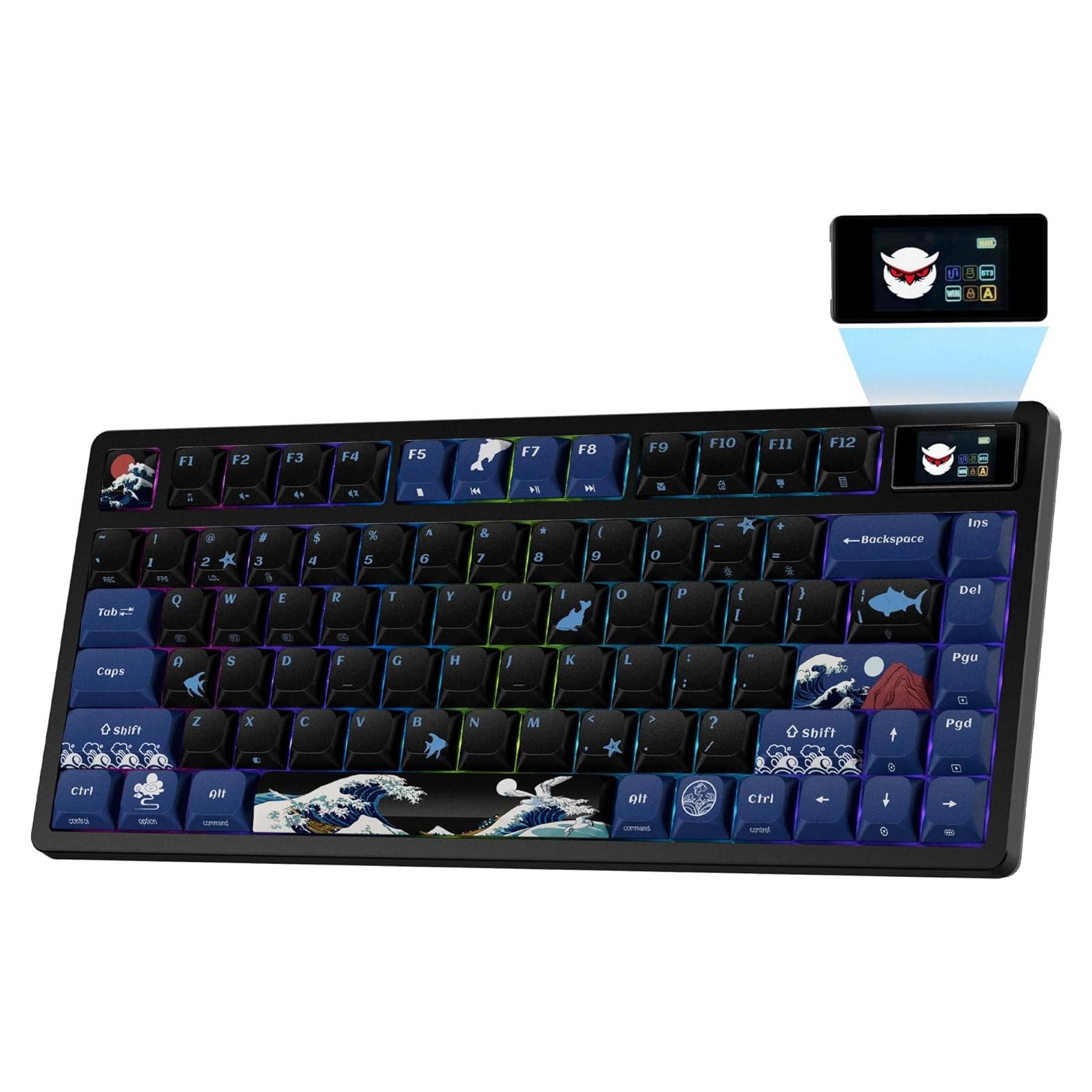 XVX 75% Keyboard with Color Smart Display, L75 Pro Low Profile Gasket Mechanical Gaming Keyboard, Bluetooth 5.1/2.4G Wireless/Type-C Wired Custom Anime Key board with RGB Backlit, Black Kanagawa Theme