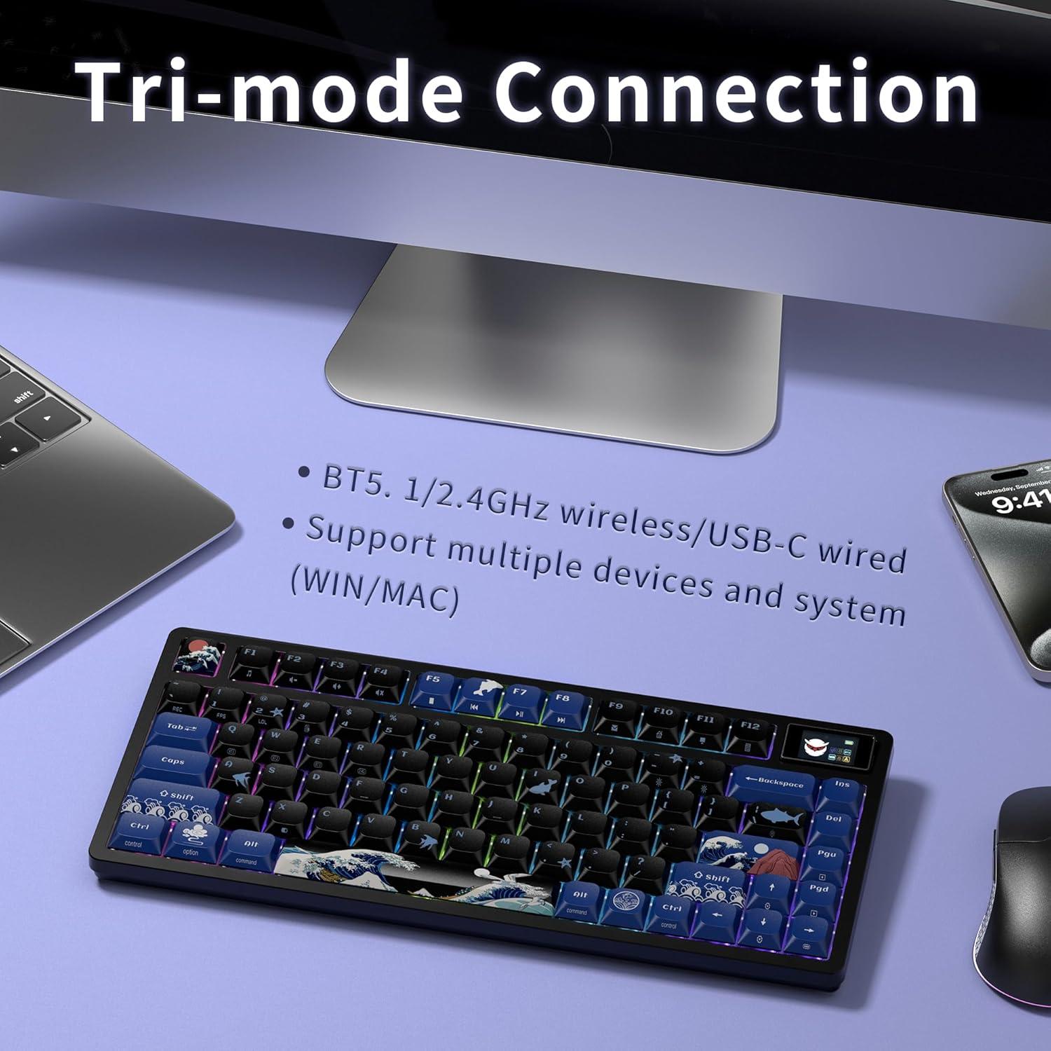 XVX 75% Keyboard with Color Smart Display, L75 Pro Low Profile Gasket Mechanical Gaming Keyboard, Bluetooth 5.1/2.4G Wireless/Type-C Wired Custom Anime Key board with RGB Backlit, Black Kanagawa Theme