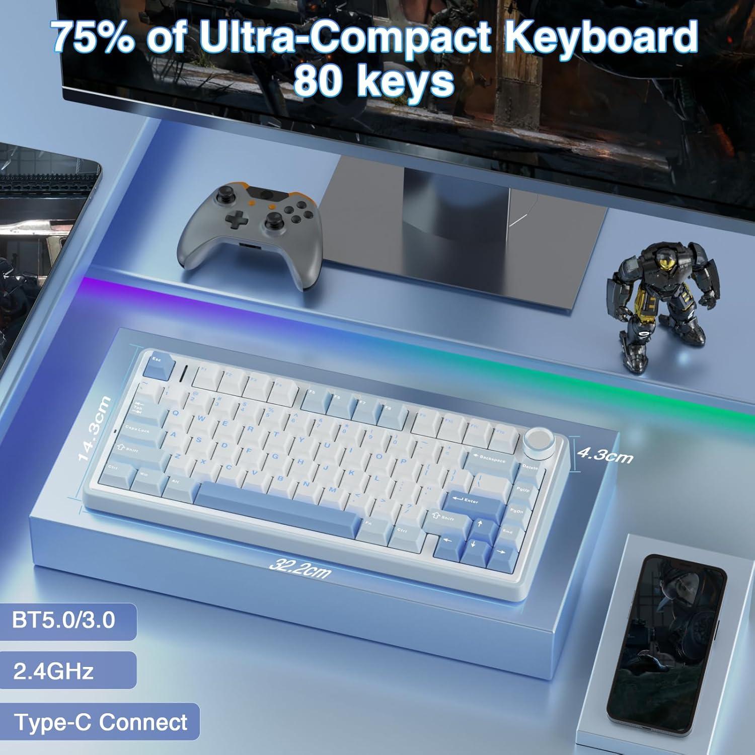 AULA Wireless Keyboard Combo, F75 75% Mechanical Keyboard, Hot Swappable + SC580 Wireless Gaming Mouse, White