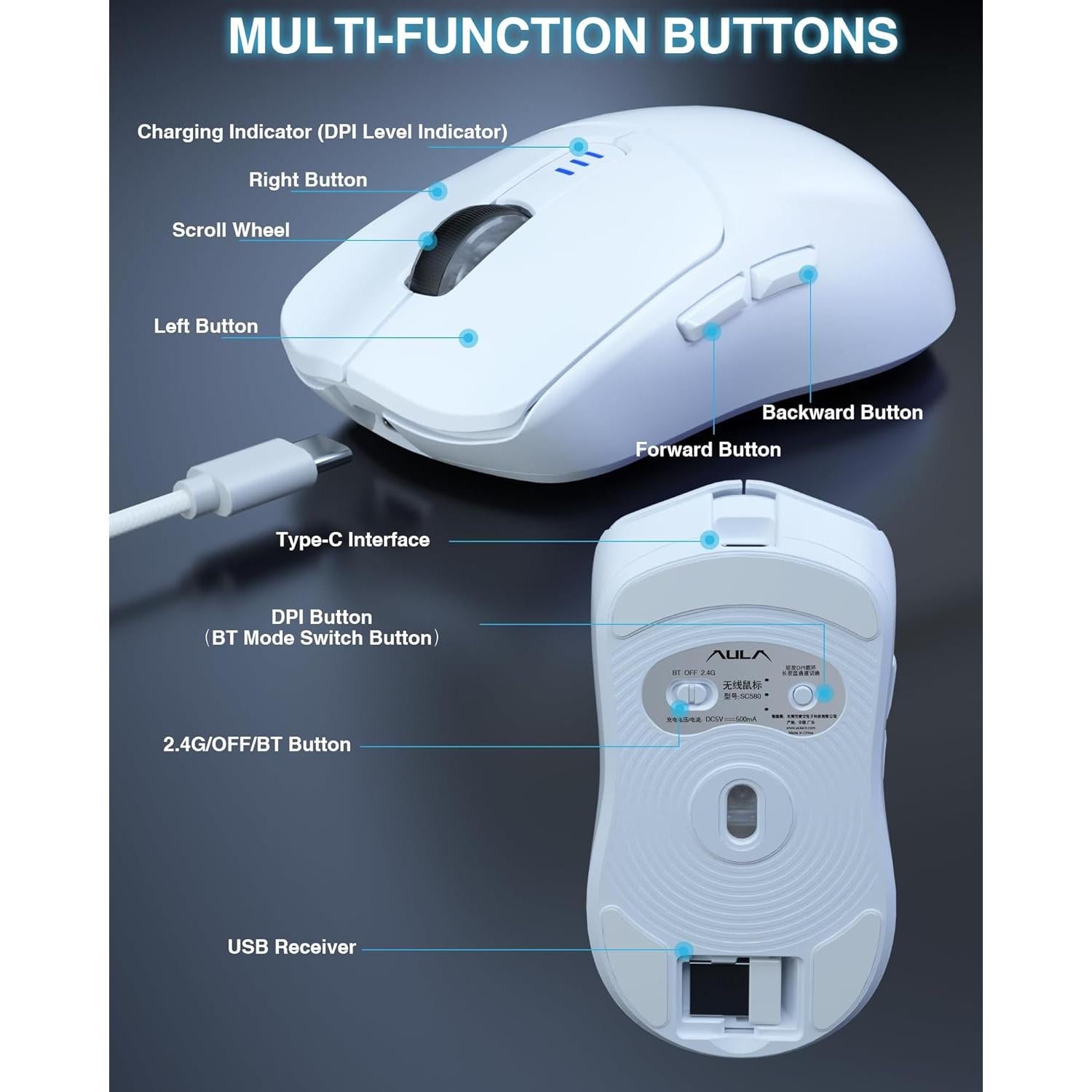 AULA Wireless Keyboard Combo, F75 75% Mechanical Keyboard, Hot Swappable + SC580 Wireless Gaming Mouse, White