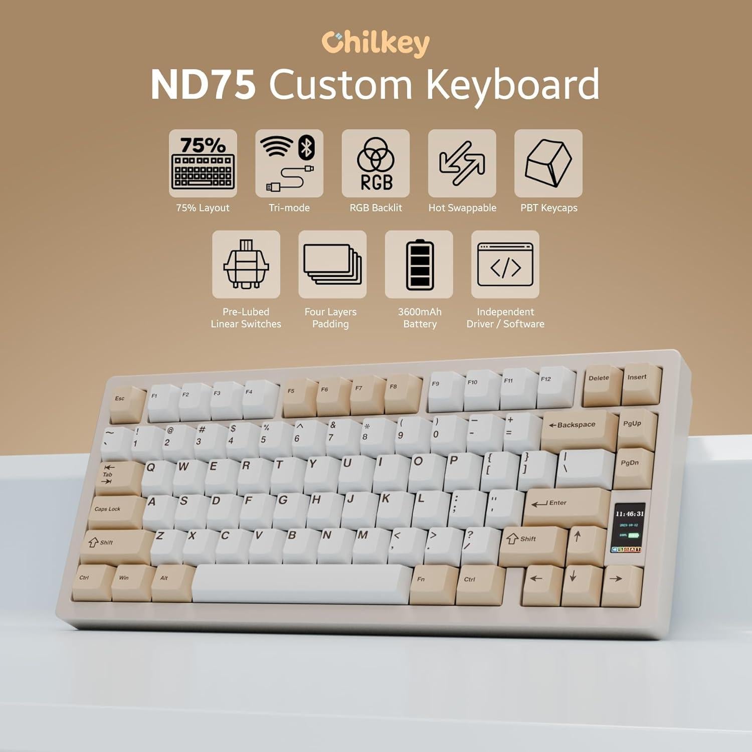 Chilkey ND75 Aluminum Mechanical Keyboard 75% Percent Wireless Gaming Keyboard with LCD Screen, Quick Assembly, BT/2.4G/USB-C, Hot Swappable Per-key RGB Custom Beige Key Board for Laptop Office PC