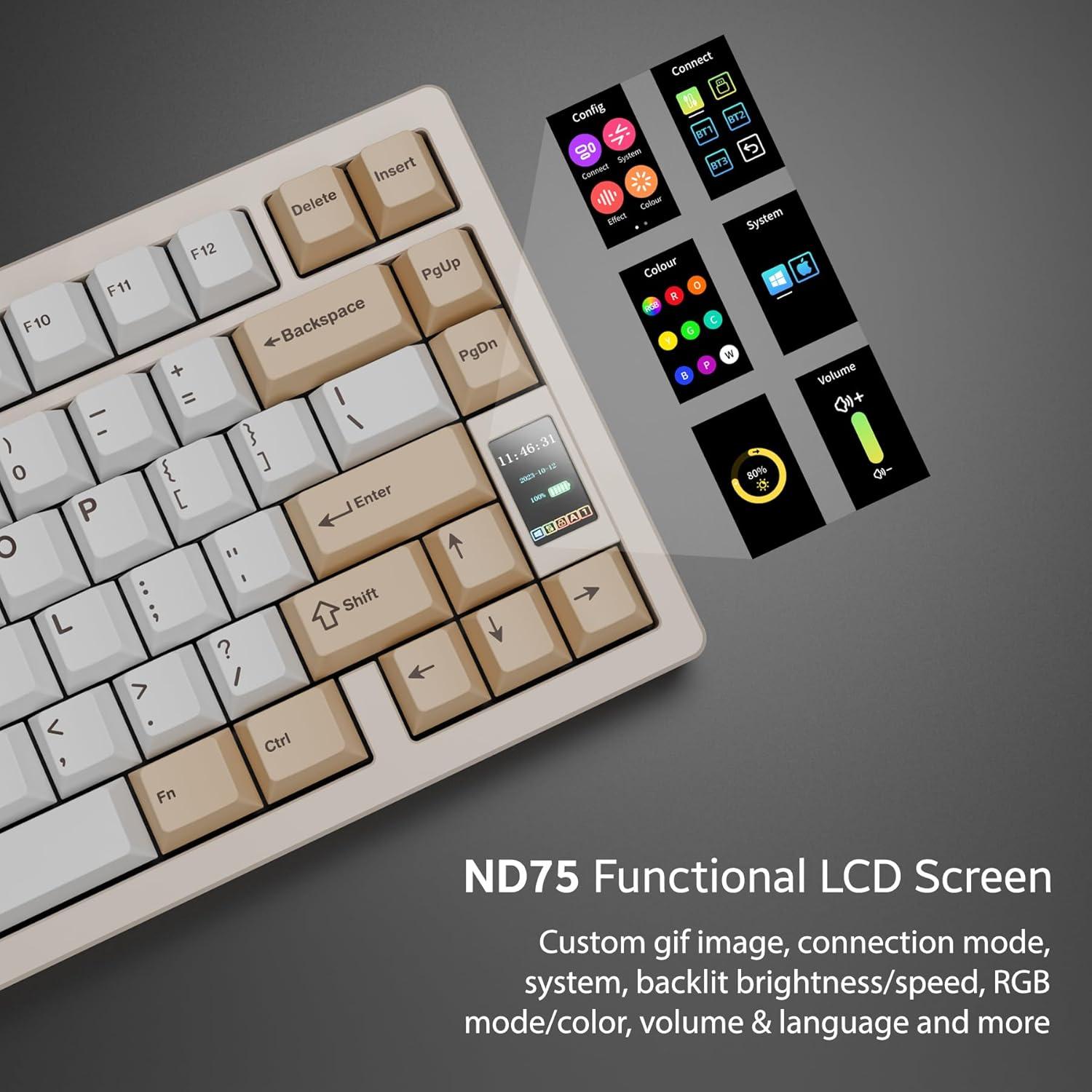 Chilkey ND75 Aluminum Mechanical Keyboard 75% Percent Wireless Gaming Keyboard with LCD Screen, Quick Assembly, BT/2.4G/USB-C, Hot Swappable Per-key RGB Custom Beige Key Board for Laptop Office PC