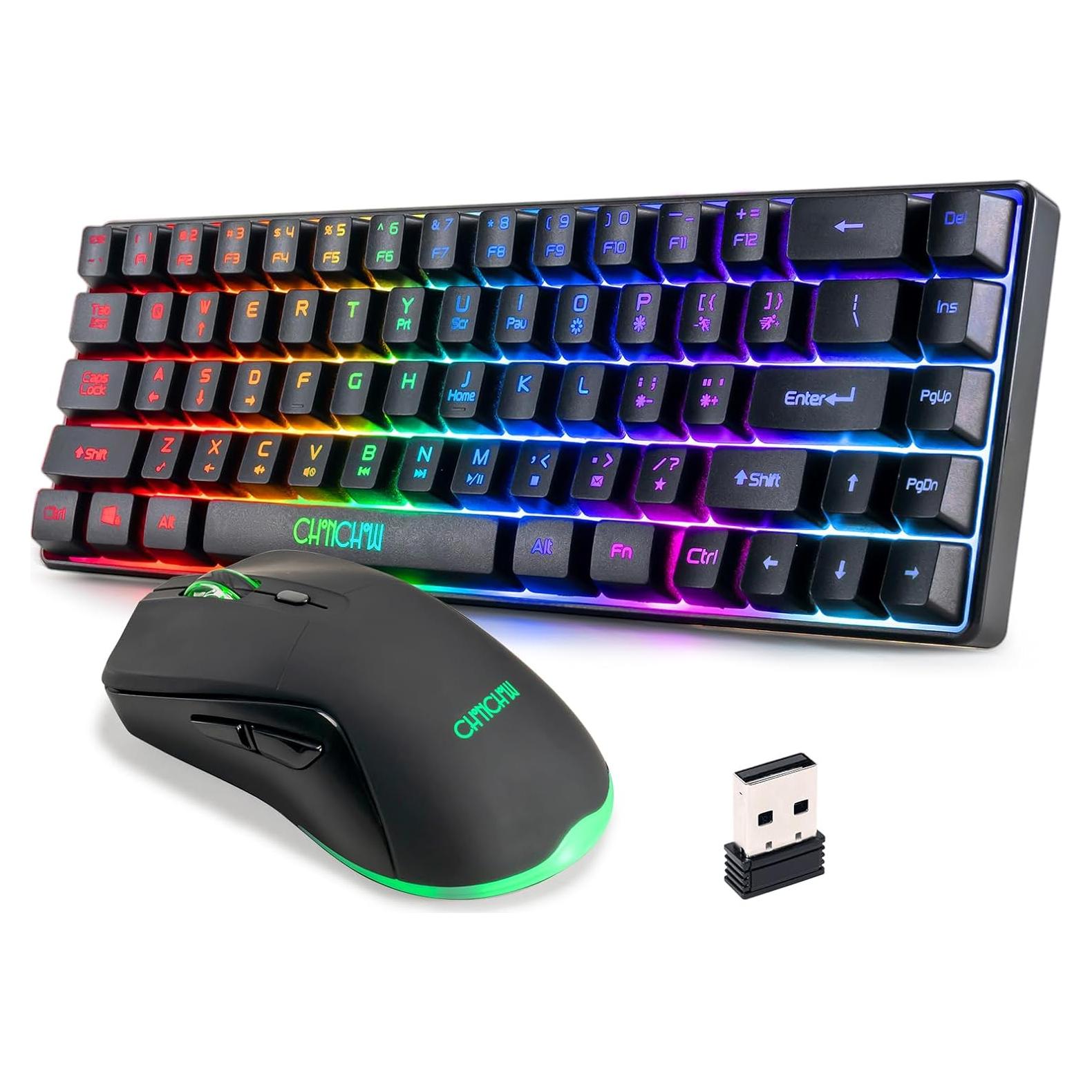 CHONCHOW 60% Wireless Gaming Keyboard and Mouse Combo,LED Backlit Rechargeable 2000mAh Battery, Portable 68 Keys Waterproof Small Compact Keyboard Mice for PC/Mac Gamer,Business Office