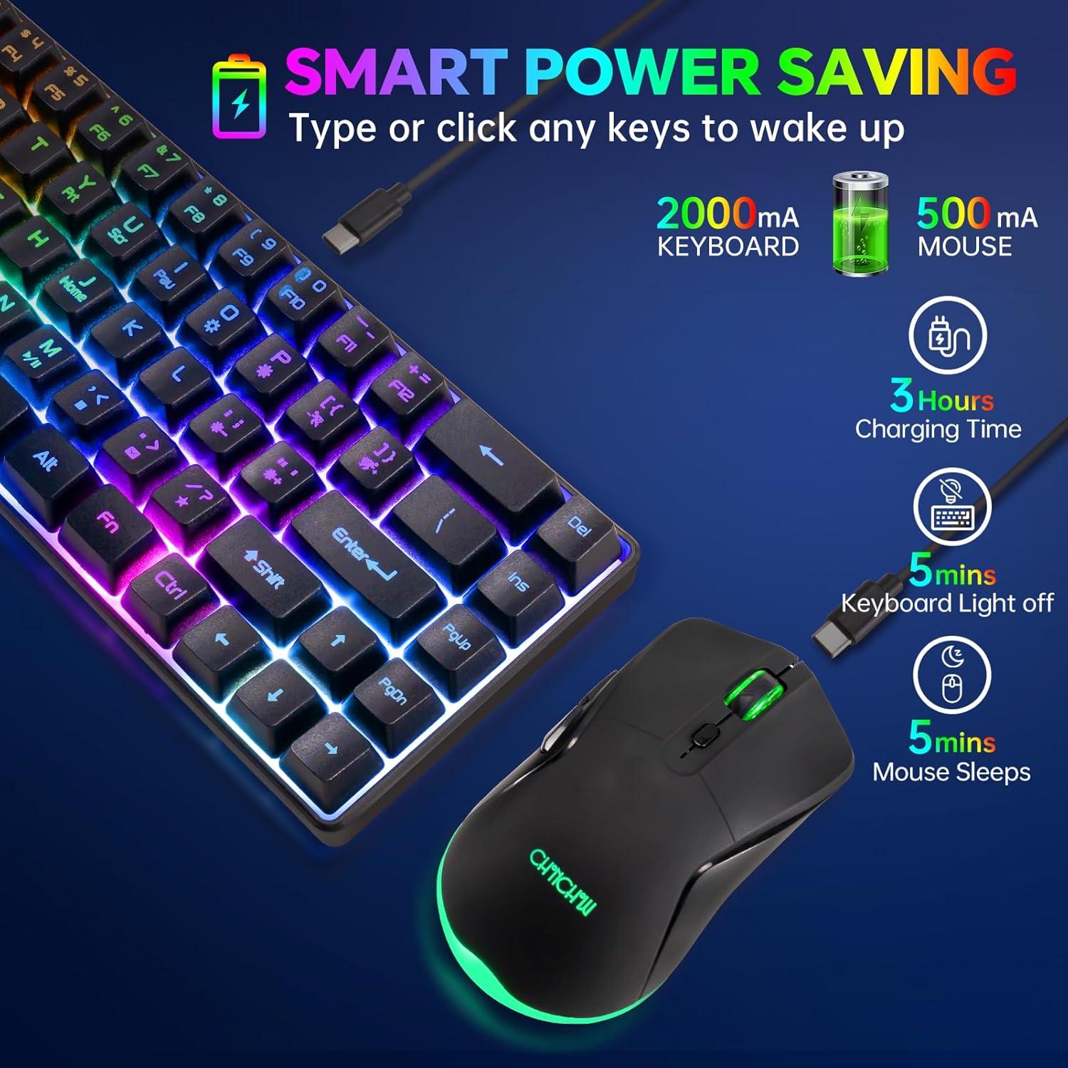 CHONCHOW 60% Wireless Gaming Keyboard and Mouse Combo,LED Backlit Rechargeable 2000mAh Battery, Portable 68 Keys Waterproof Small Compact Keyboard Mice for PC/Mac Gamer,Business Office