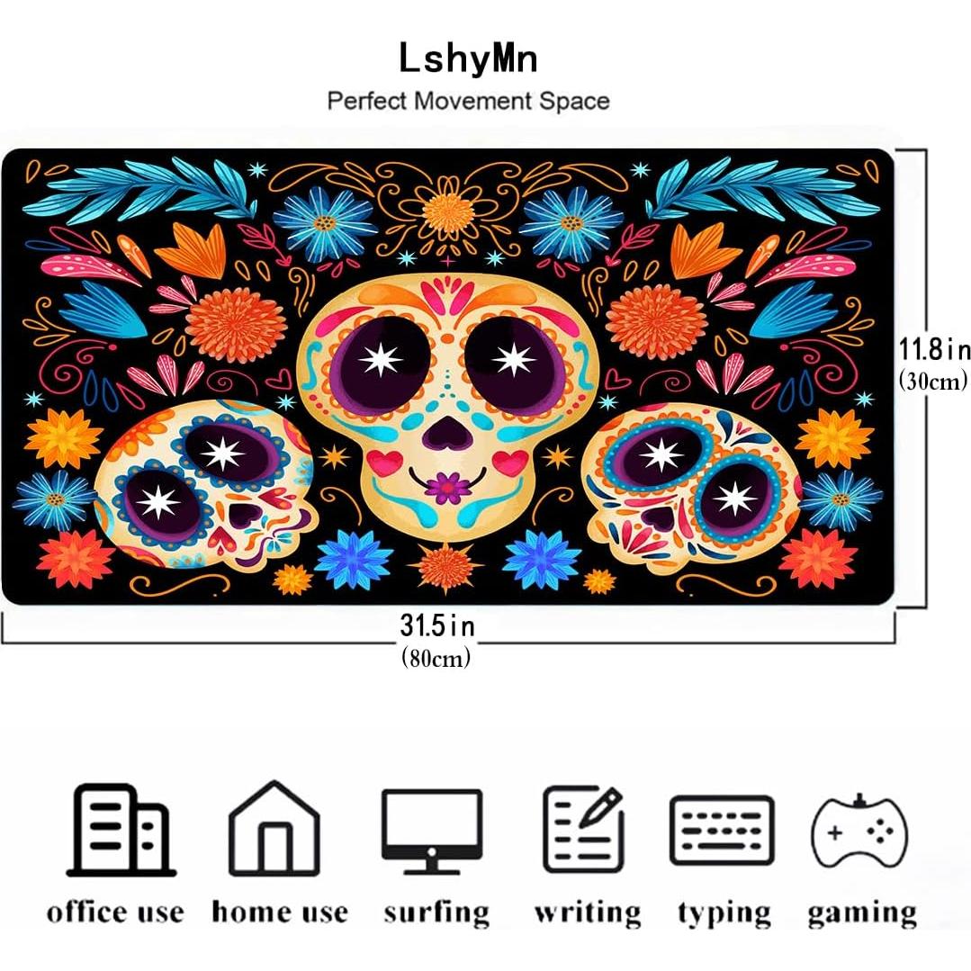 Skull Mousepad 31.5x11.8 Inches Gothic Candy Skull Plant Flower Leaves Graphic Printed Game Mousepad for Office Computer Desk Decoration BDXPMN215
