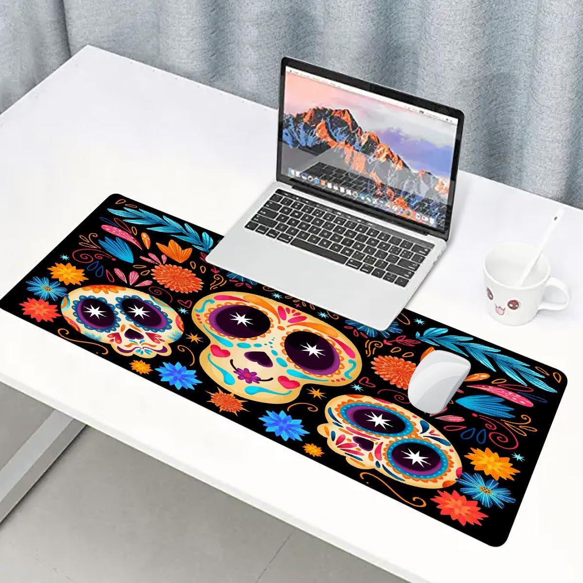 Skull Mousepad 31.5x11.8 Inches Gothic Candy Skull Plant Flower Leaves Graphic Printed Game Mousepad for Office Computer Desk Decoration BDXPMN215