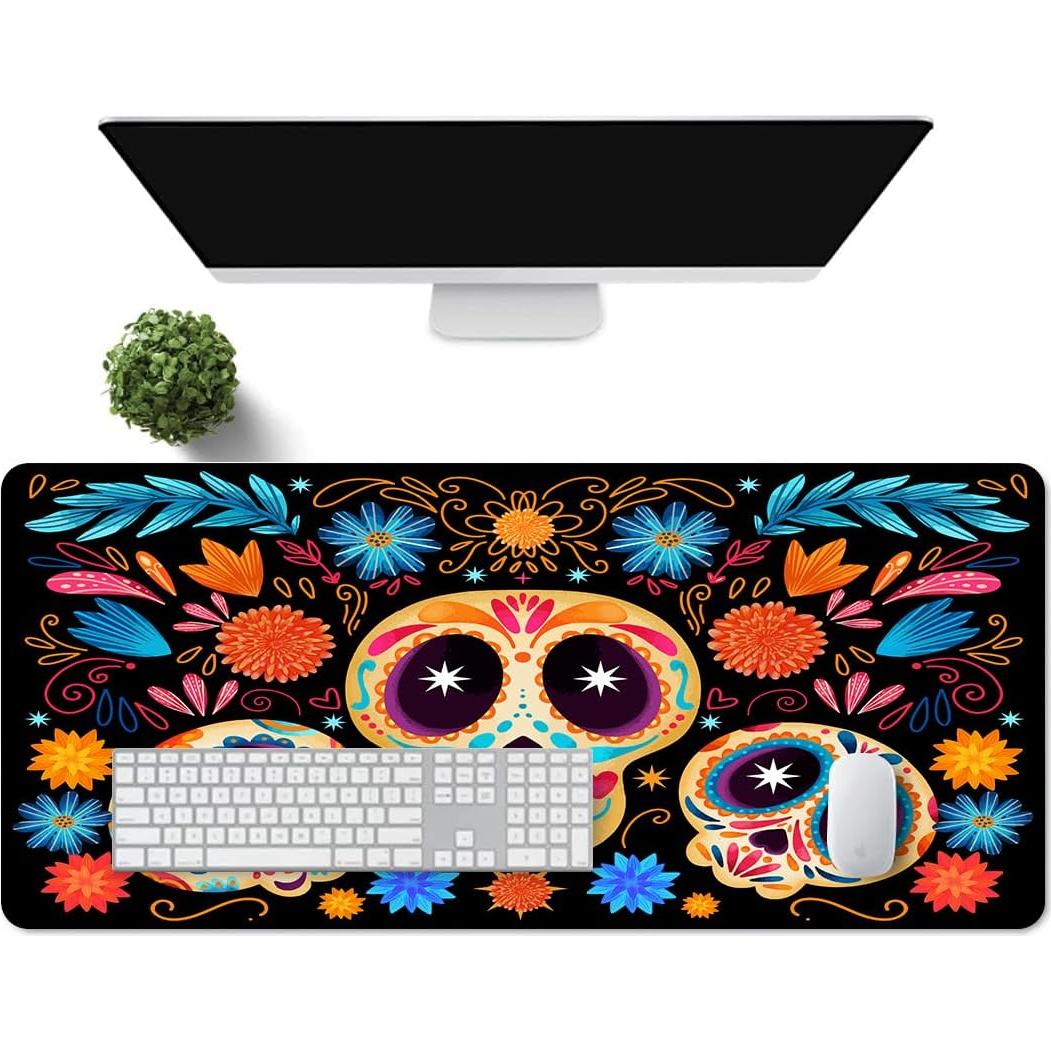 Skull Mousepad 31.5x11.8 Inches Gothic Candy Skull Plant Flower Leaves Graphic Printed Game Mousepad for Office Computer Desk Decoration BDXPMN215