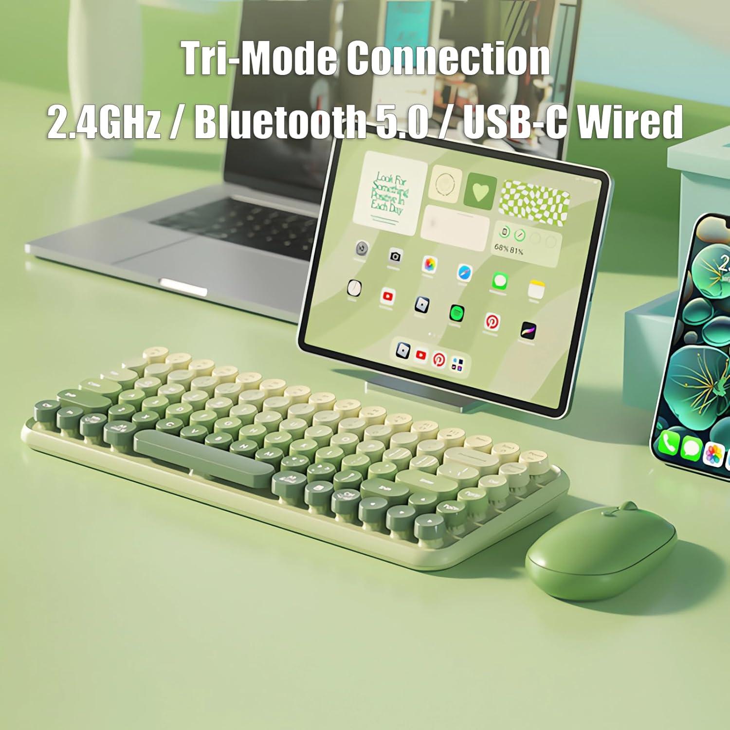 Typewriter Keyboard Wireless 2.4GHz/Bluetooth/USB-C Wired Rechargeable Membrane Gaming Keyboard Linear Mechanical-Feel Switch Compact 85-Key Retro Round Keycaps for Multi-Device, Matcha Green