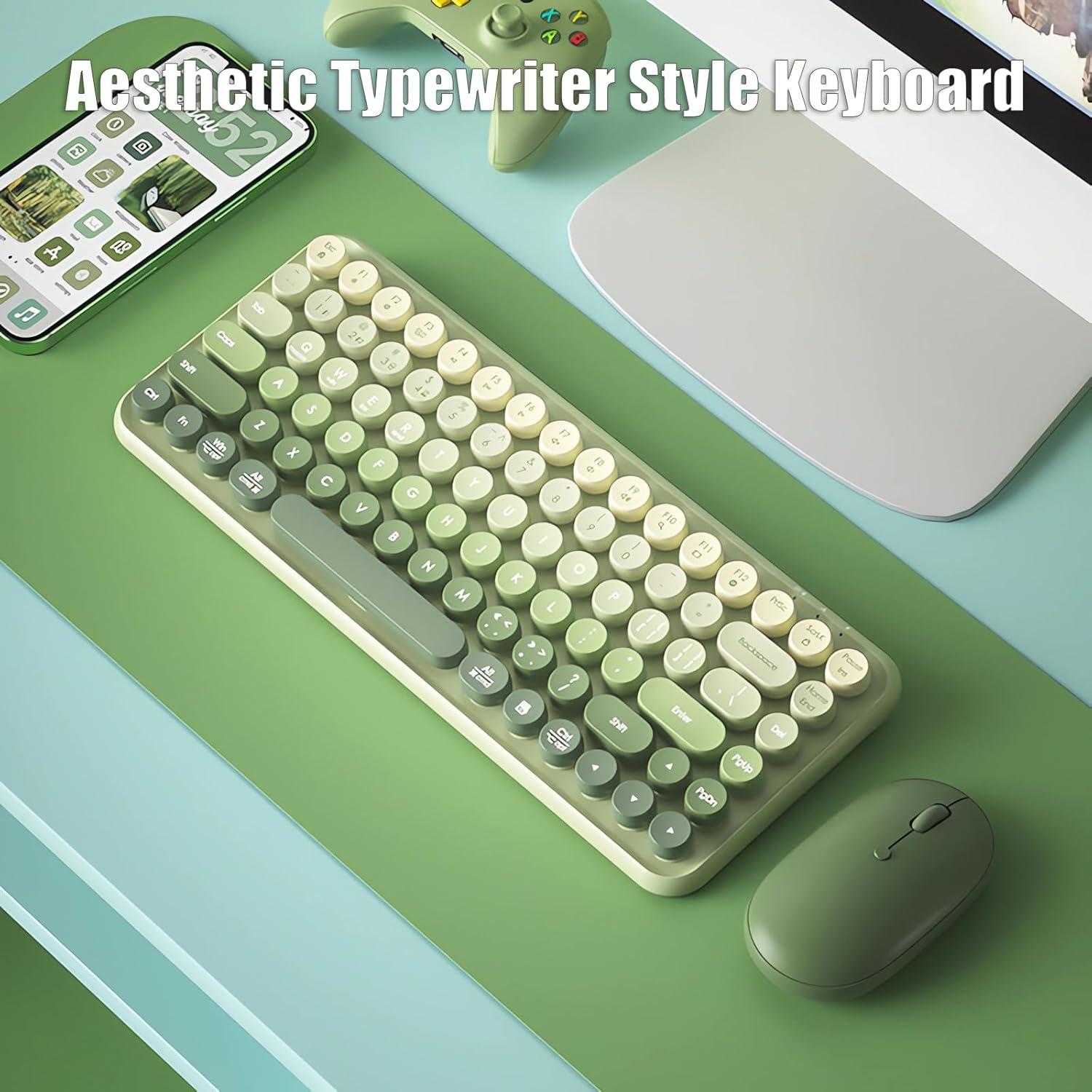 Typewriter Keyboard Wireless 2.4GHz/Bluetooth/USB-C Wired Rechargeable Membrane Gaming Keyboard Linear Mechanical-Feel Switch Compact 85-Key Retro Round Keycaps for Multi-Device, Matcha Green