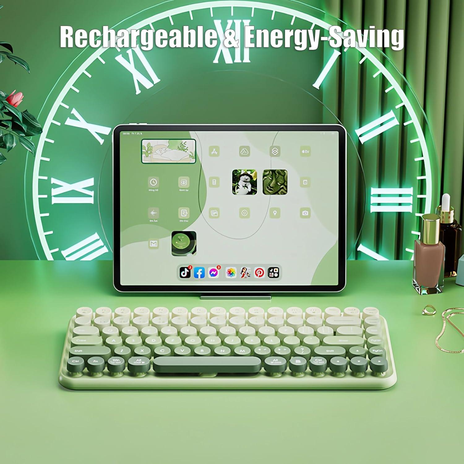 Typewriter Keyboard Wireless 2.4GHz/Bluetooth/USB-C Wired Rechargeable Membrane Gaming Keyboard Linear Mechanical-Feel Switch Compact 85-Key Retro Round Keycaps for Multi-Device, Matcha Green