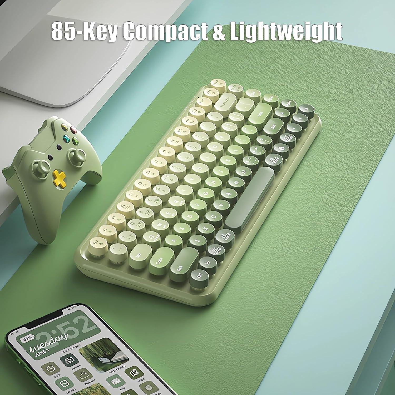 Typewriter Keyboard Wireless 2.4GHz/Bluetooth/USB-C Wired Rechargeable Membrane Gaming Keyboard Linear Mechanical-Feel Switch Compact 85-Key Retro Round Keycaps for Multi-Device, Matcha Green