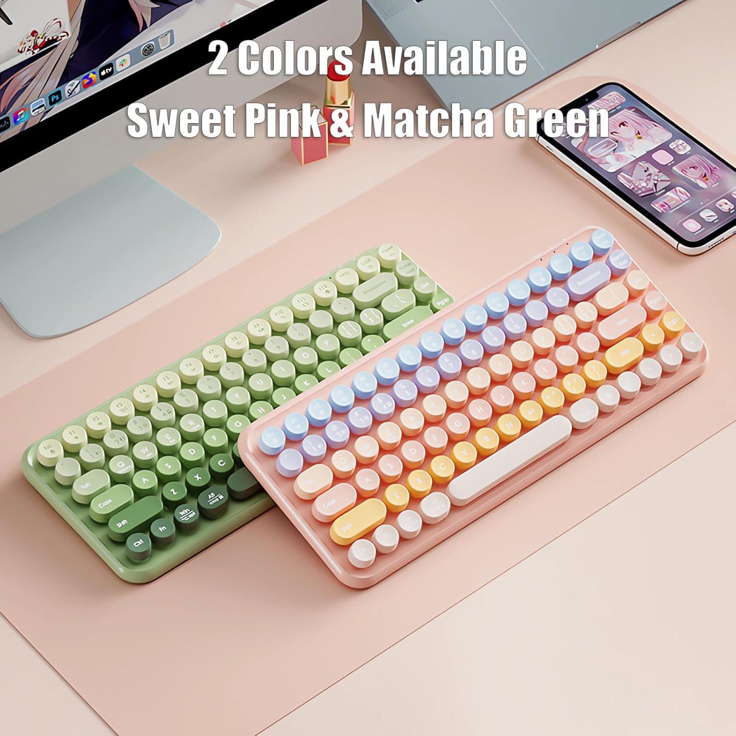 Typewriter Keyboard Wireless 2.4GHz/Bluetooth/USB-C Wired Rechargeable Membrane Gaming Keyboard Linear Mechanical-Feel Switch Compact 85-Key Retro Round Keycaps for Multi-Device, Matcha Green