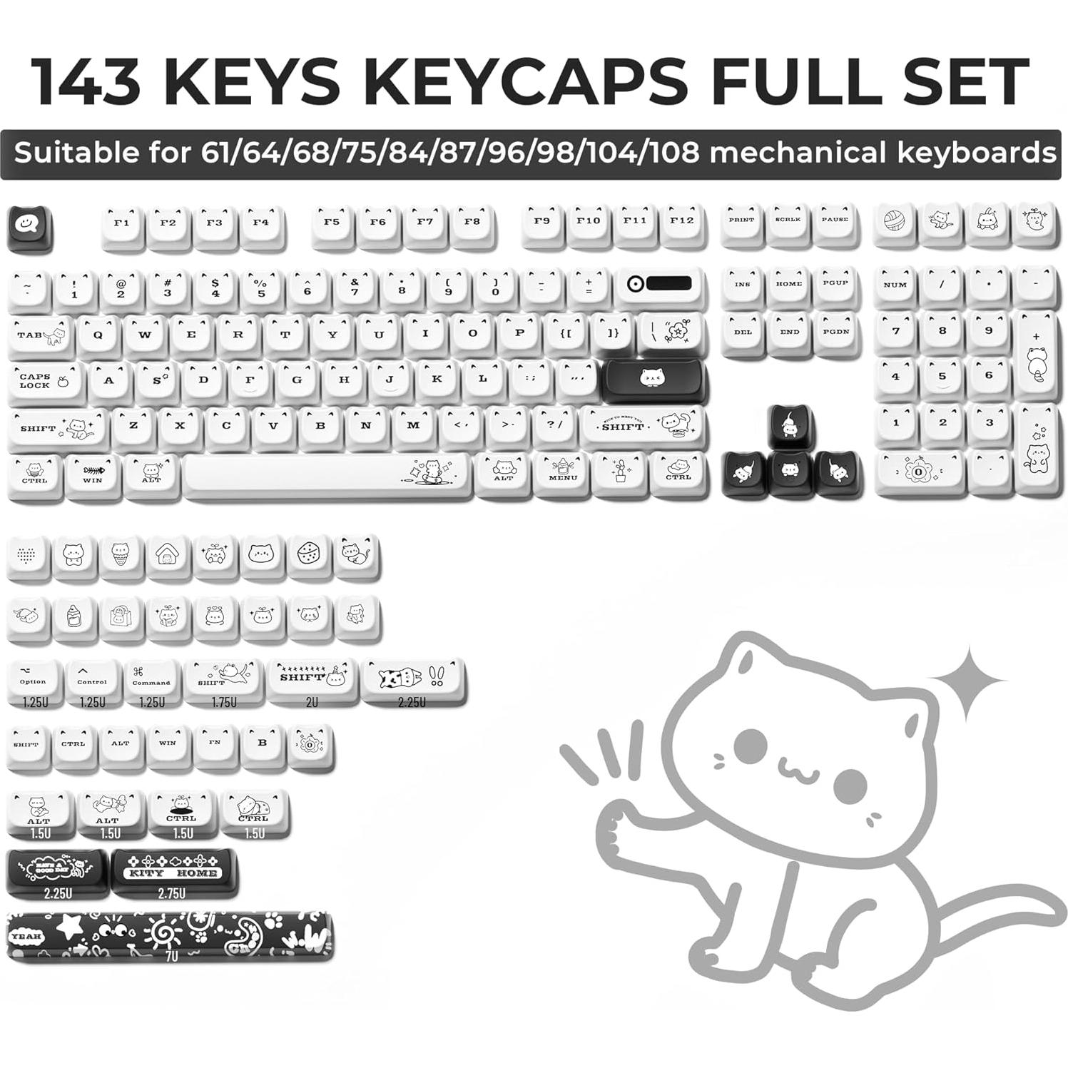 Teclado Mecánico XVX Cute Cat Keycaps PBT 143 Teclas Gato Blanco