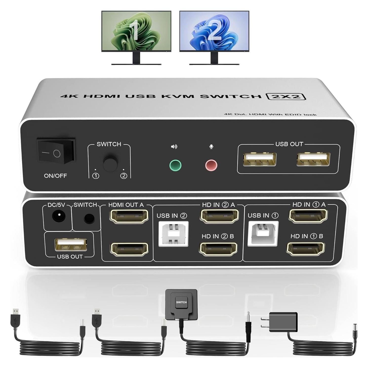 Interruptor KVM HDMI Doble Monitor 4K 60Hz 2 PCs USB 2.0