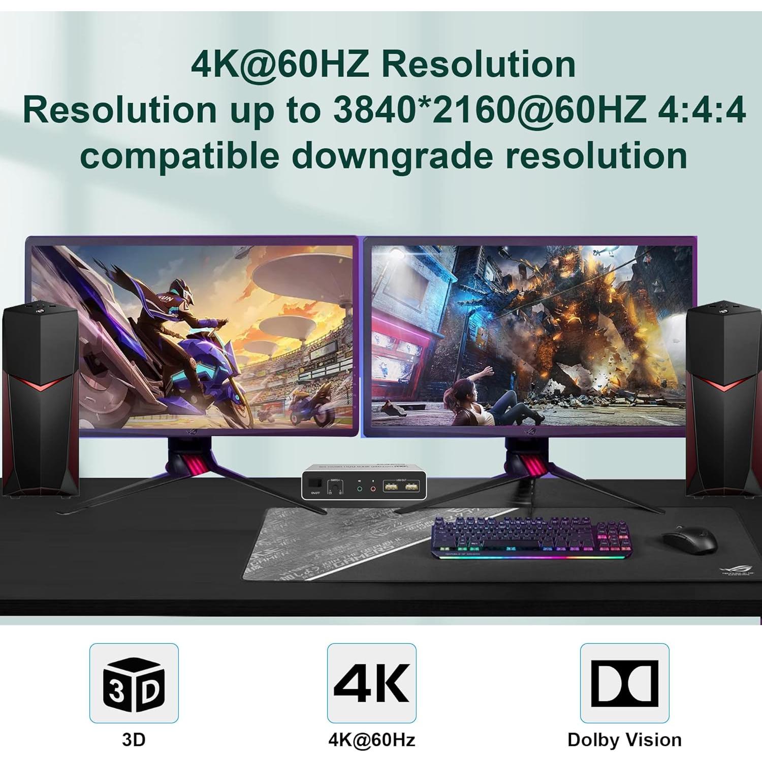 Interruptor KVM HDMI Doble Monitor 4K 60Hz 2 PCs USB 2.0