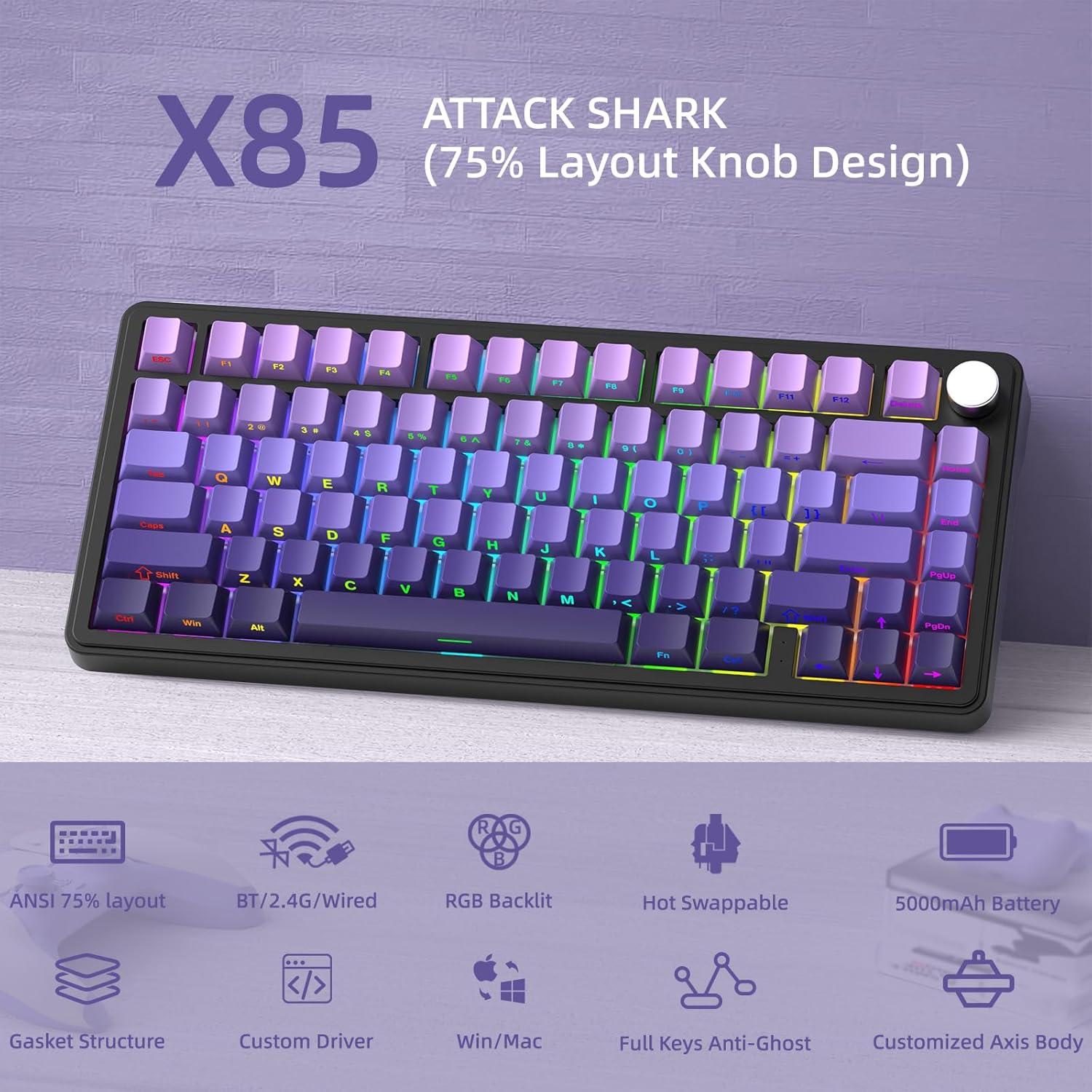 Teclado Mecánico Gaming Inalámbrico Attack Shark X85 Púrpura