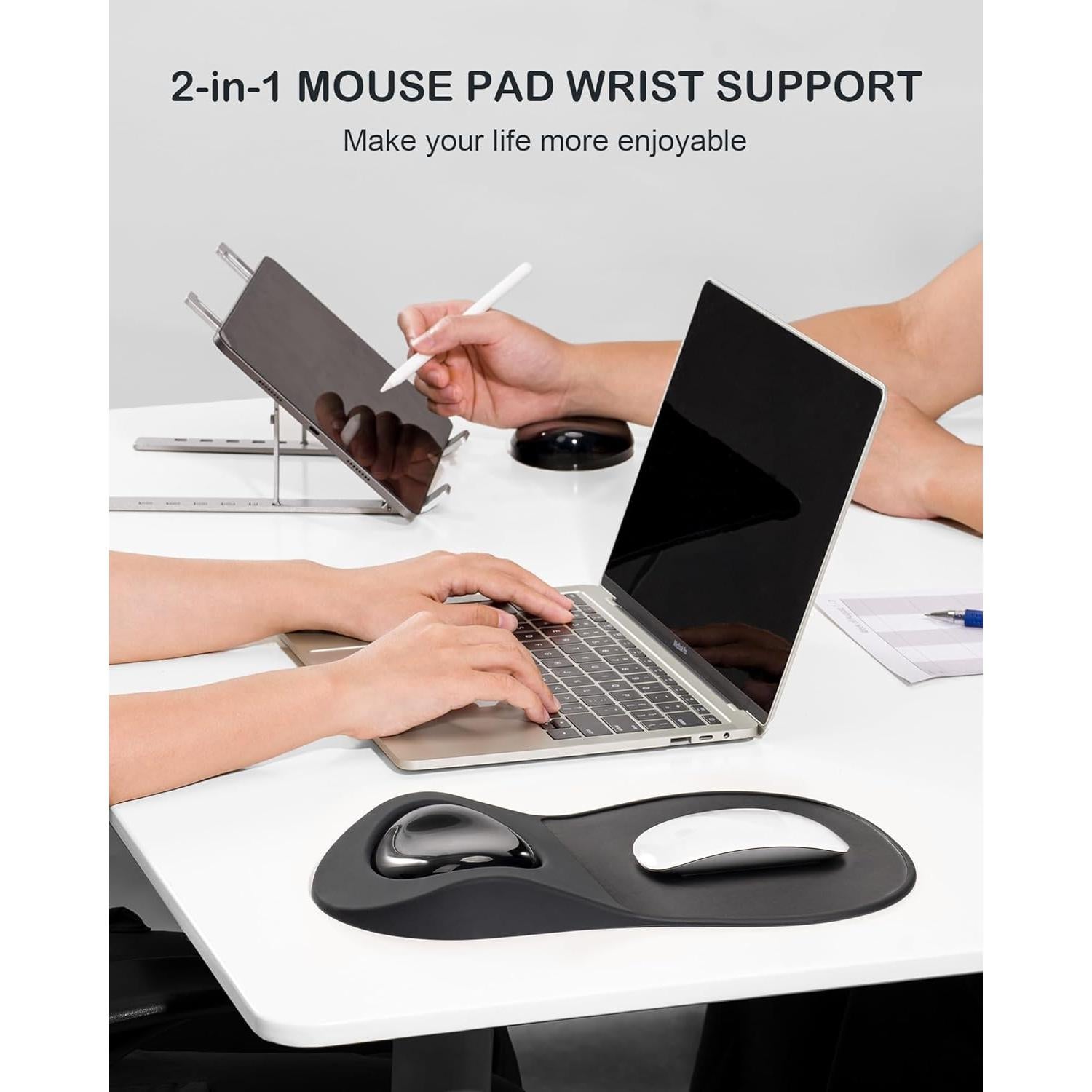 Ergonomic Mouse Pad with Wrist Rest, Gel Wrist Rest Pain Relief Mousepad, Leather Surface Mouse Pads with Wrist Support, Non-Skid Silicone Base Mousepads for Laptop, Computer(All Black)