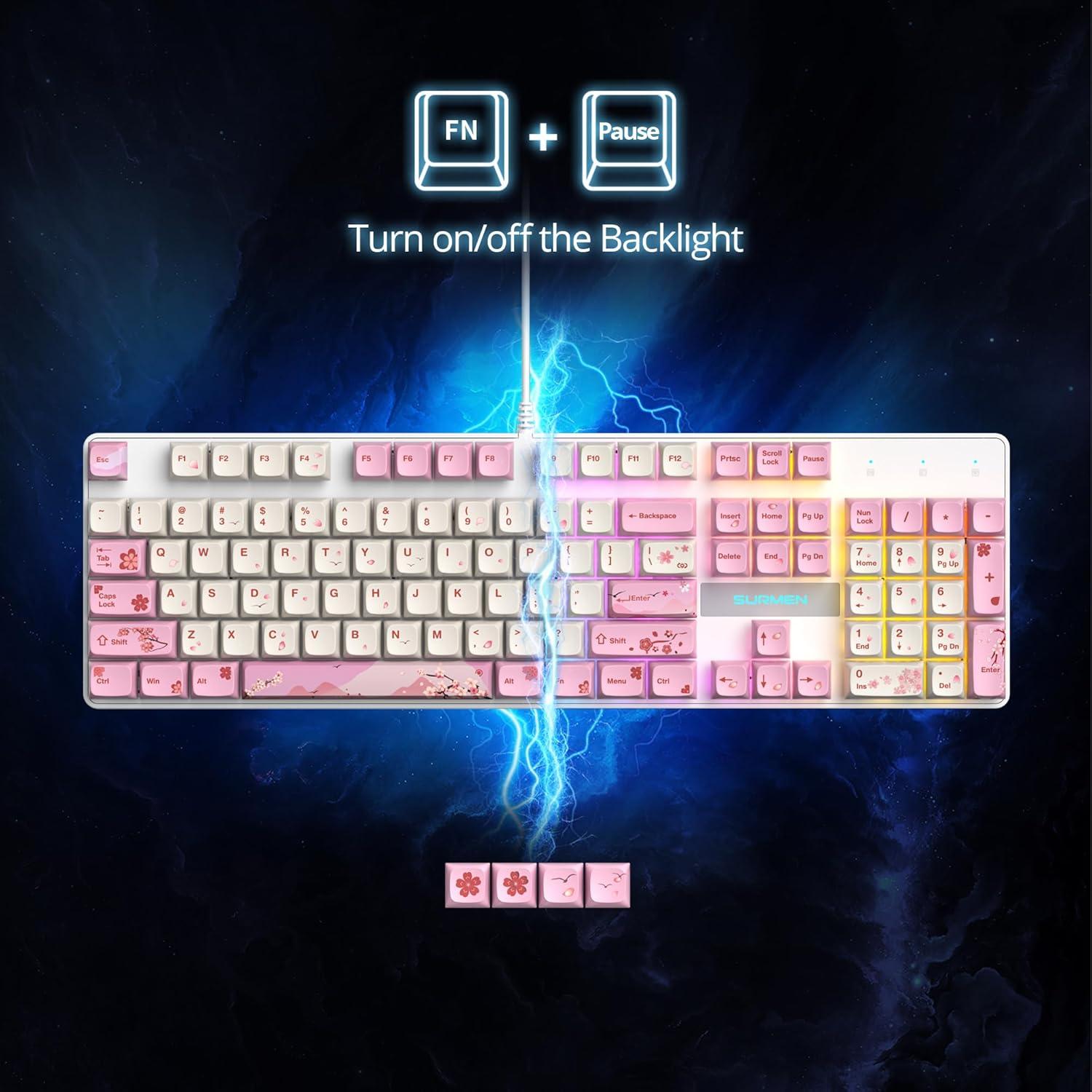 Teclado Mecánico RGB SURMEN V200 Rosa 104 Teclas con Cable