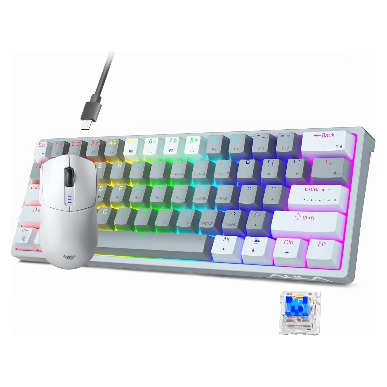 AULA SC580 Wireless Gaming Mouse, Tri-Mode Gaming Mouse with 10000DPI, 6 Programmable Buttons 60 Percent Mechanical Gaming Keyboard, 29 RGB Backlit Custom Hot Swappable Keyboard