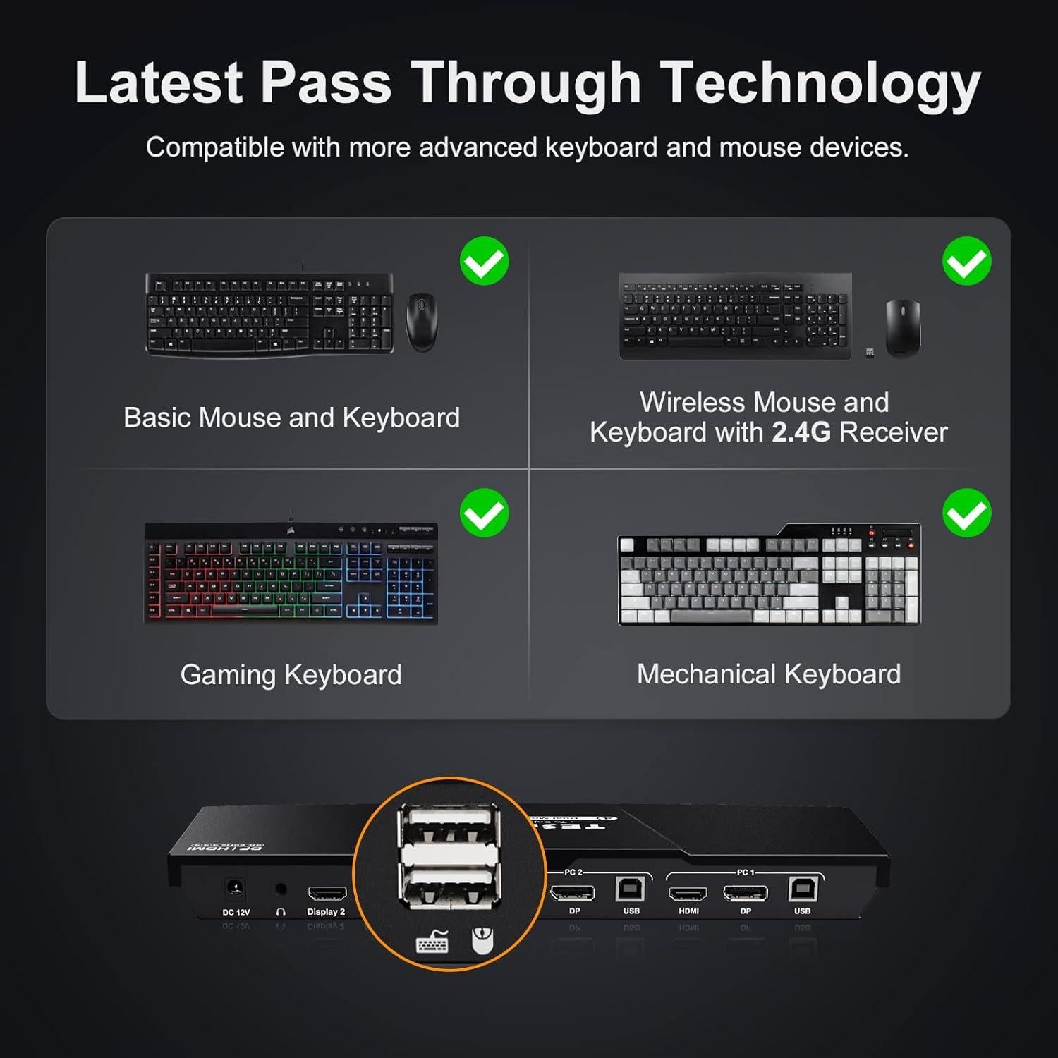 Conmutador KVM TESmart 2 Monitores 4K HDMI y DisplayPort