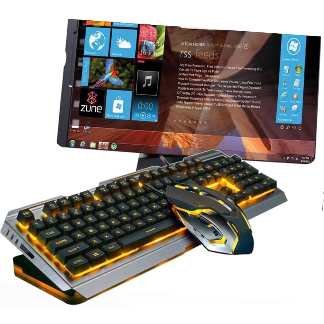 HOMSFOU USB Backlit Ergonomic Mechanical Keyboard and Mouse Set Led Gaming Keyboard Mouse Tungsten