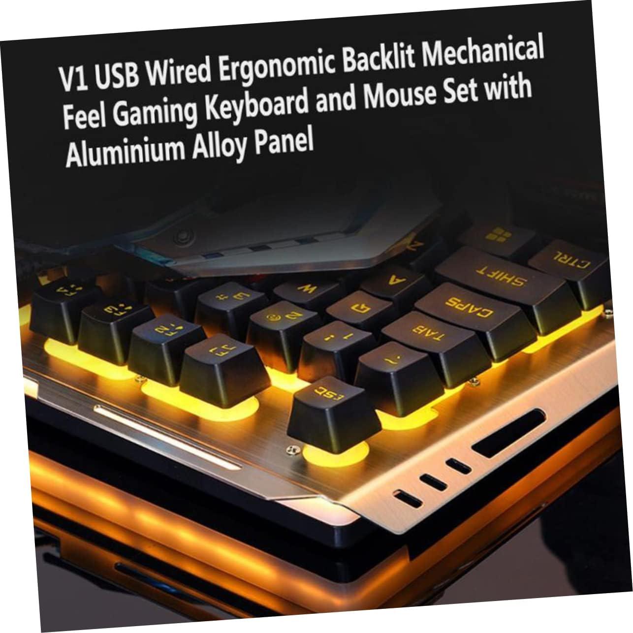 HOMSFOU USB Backlit Ergonomic Mechanical Keyboard and Mouse Set Led Gaming Keyboard Mouse Tungsten