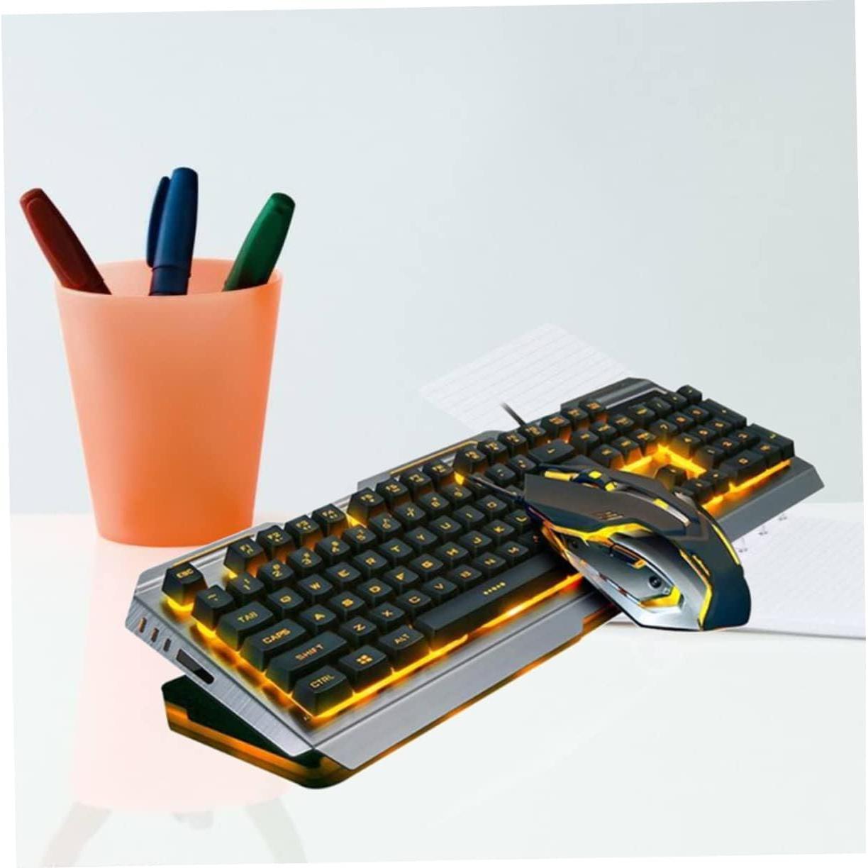 HOMSFOU USB Backlit Ergonomic Mechanical Keyboard and Mouse Set Led Gaming Keyboard Mouse Tungsten
