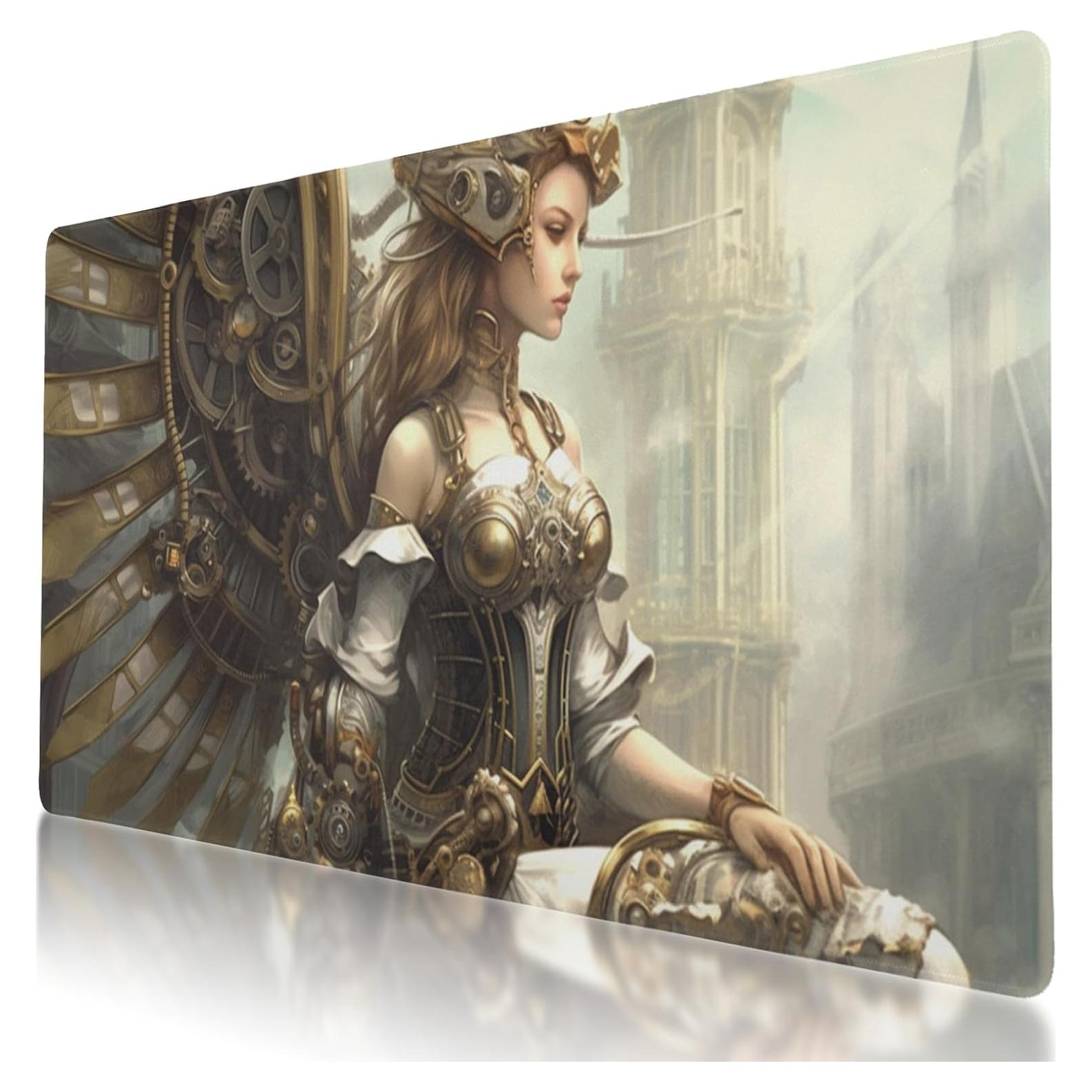 Large Mechanical Angel Mouse Pad 35.5 x 16 Inch with Anti-Fray Stitching, Non-Slip Rubber Base, Ideal for Gaming & Office Use