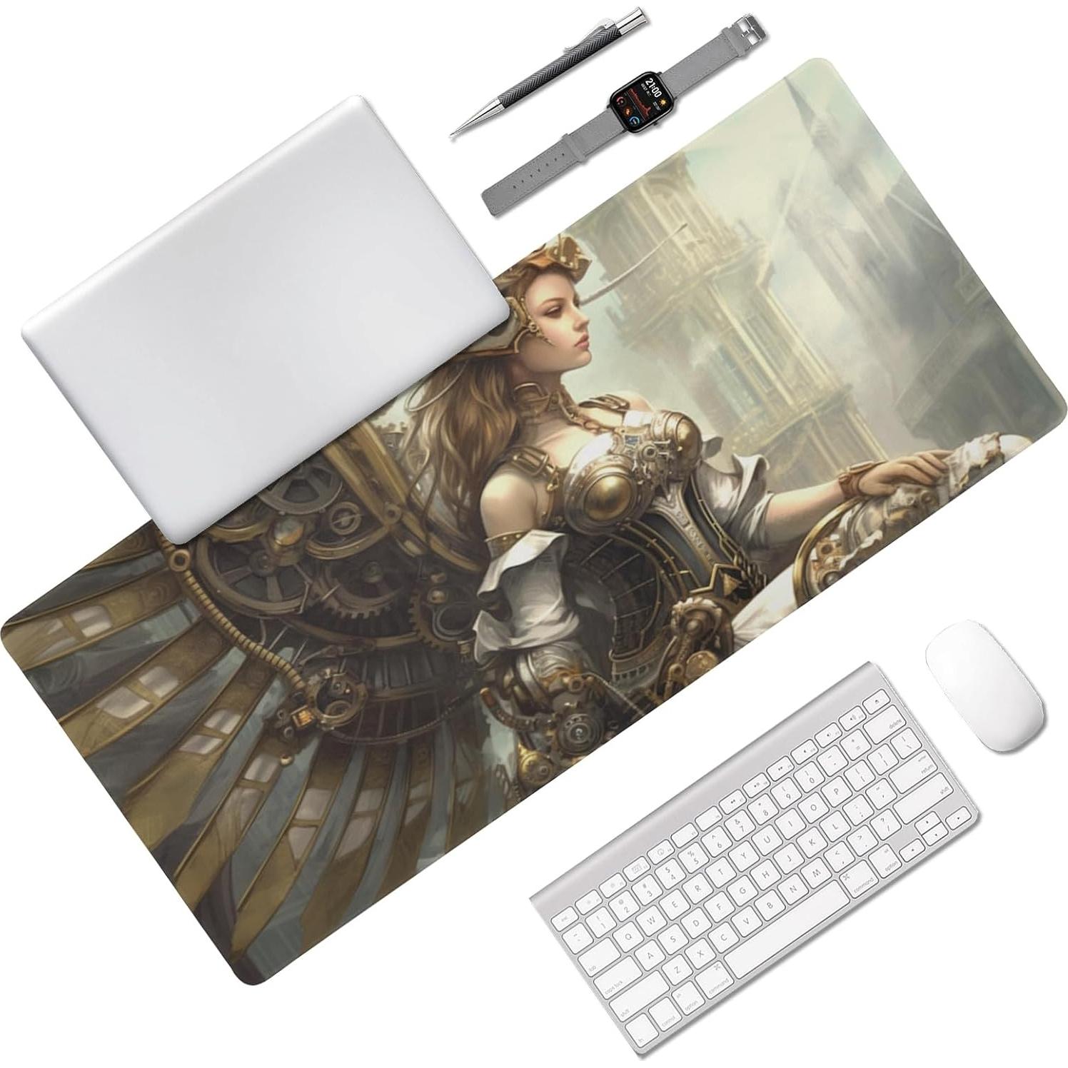 Large Mechanical Angel Mouse Pad 35.5 x 16 Inch with Anti-Fray Stitching, Non-Slip Rubber Base, Ideal for Gaming & Office Use