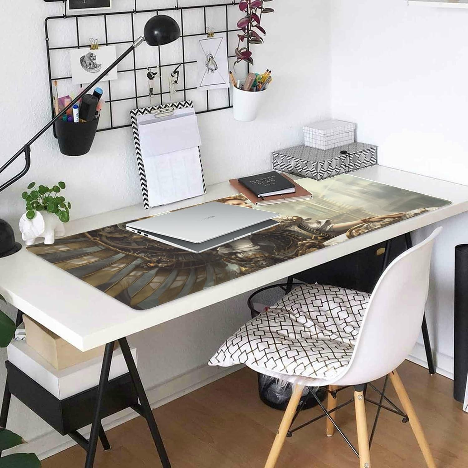 Large Mechanical Angel Mouse Pad 35.5 x 16 Inch with Anti-Fray Stitching, Non-Slip Rubber Base, Ideal for Gaming & Office Use