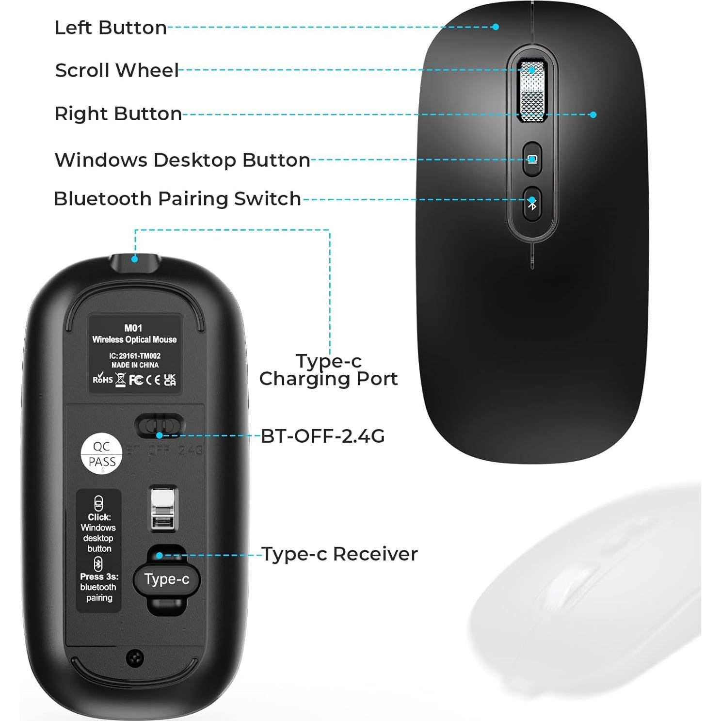 Ratón Inalámbrico USB-C RaceGT Recargable Silencioso Negro