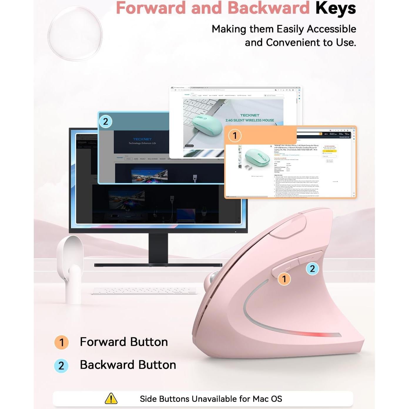 Ratón Vertical Inalámbrico Ergonómico TECKNET Rosa - 4800 DPI