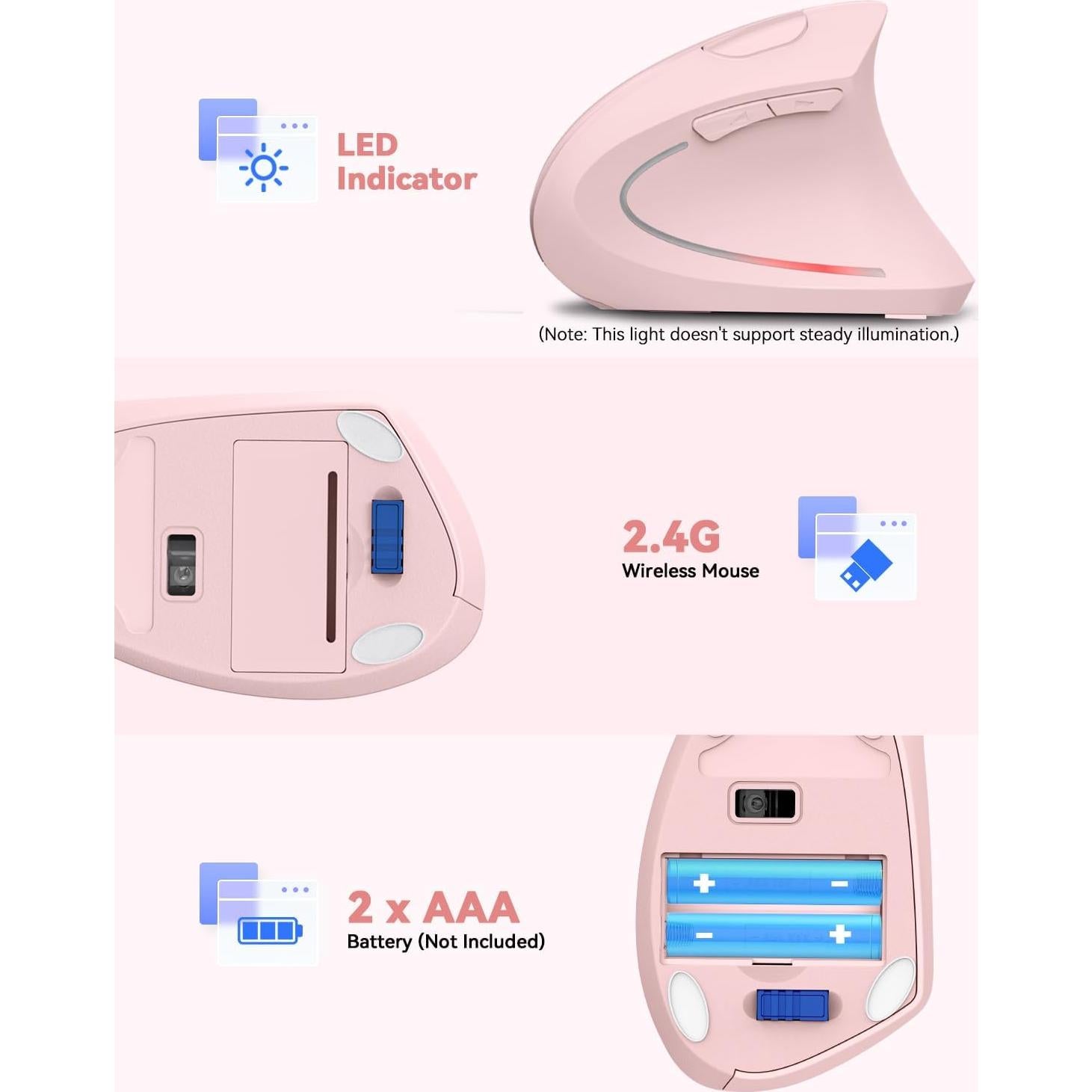 Ratón Vertical Inalámbrico Ergonómico TECKNET Rosa - 4800 DPI
