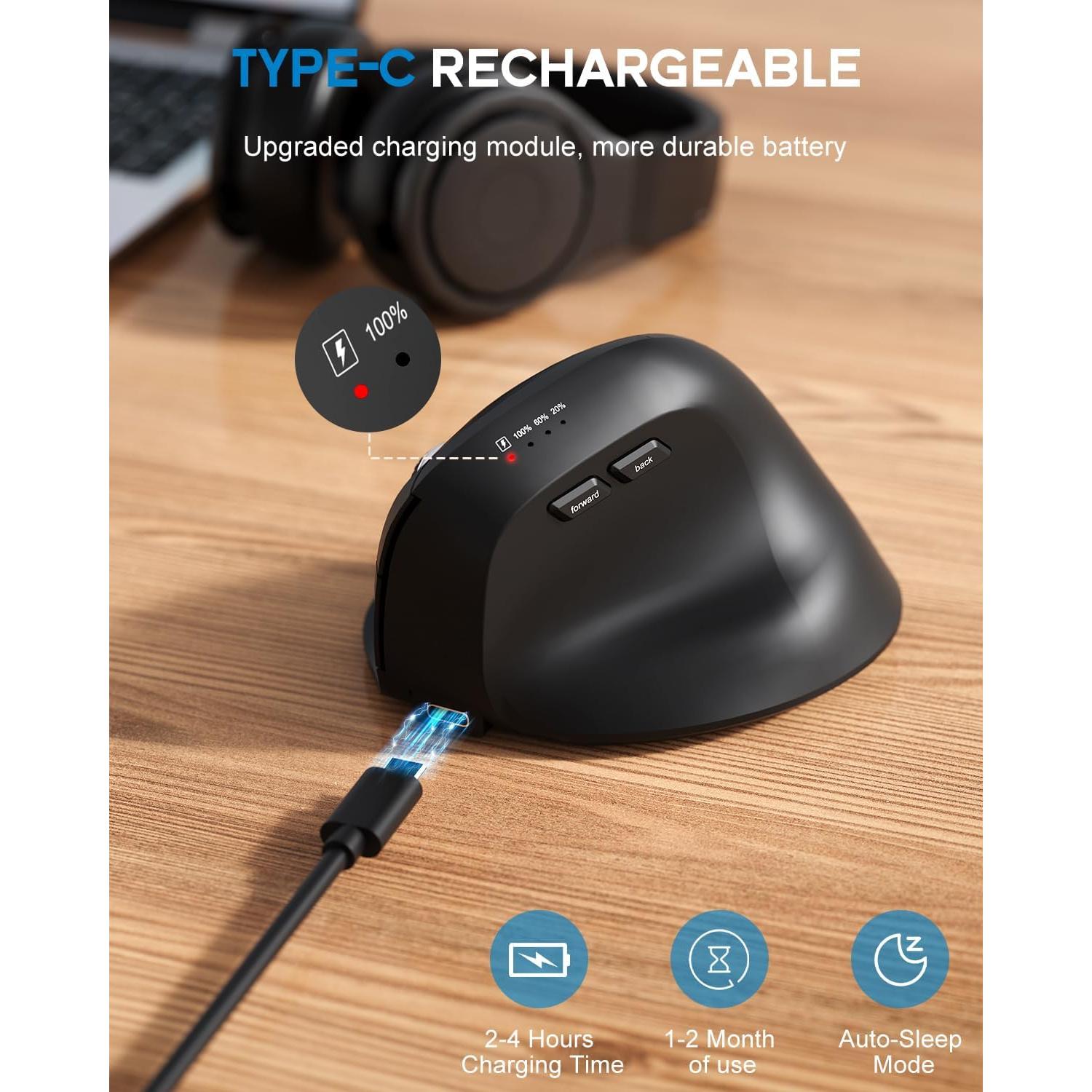 Ratón Ergonómico Inalámbrico GHAJZ Negro con Carga Tipo C