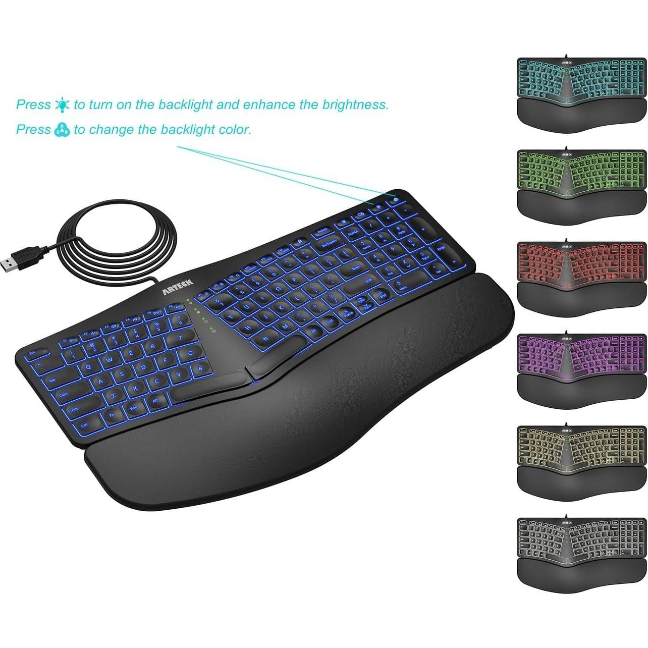 Teclado Ergonómico USB Arteck con Retroiluminación 7 Colores